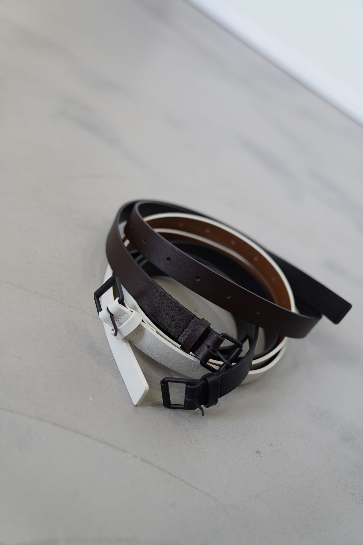 profile view of sofie d'hoore leather belt varnia off-white alonside its various colors