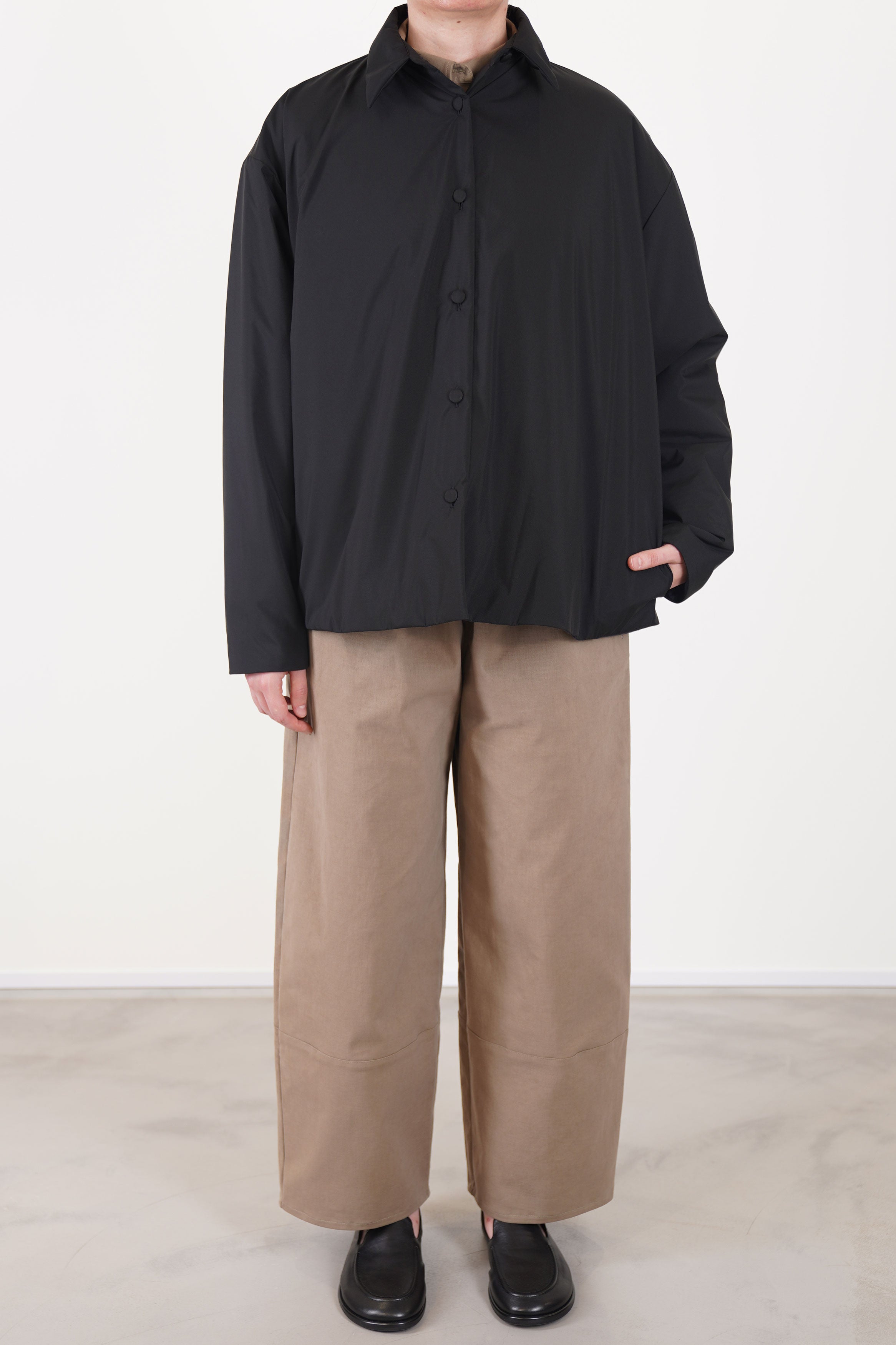 asciari trousers emy sand worn with asciari padded shirt jacket brooke black