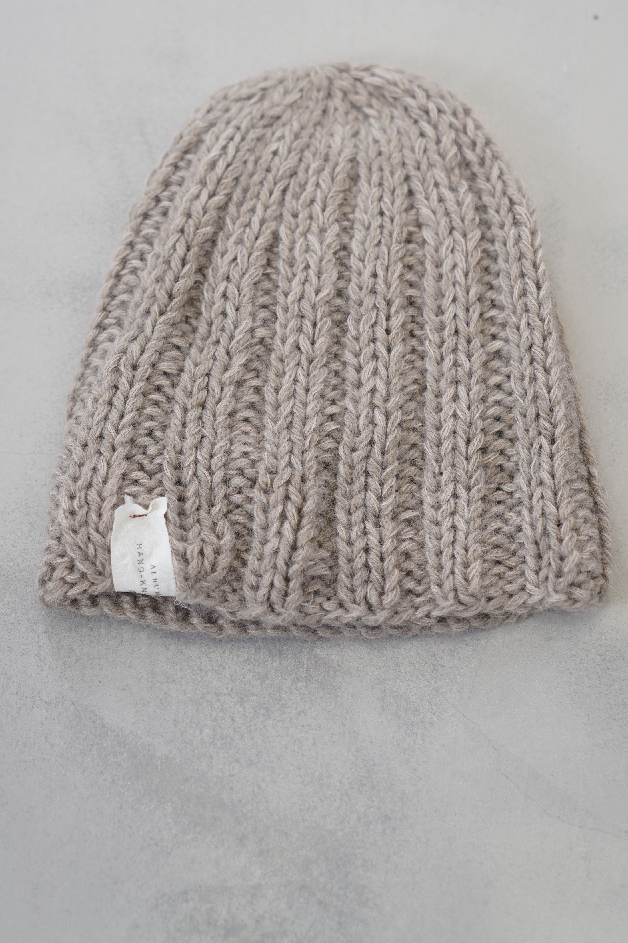 hand knitted large ribbed hat pebble