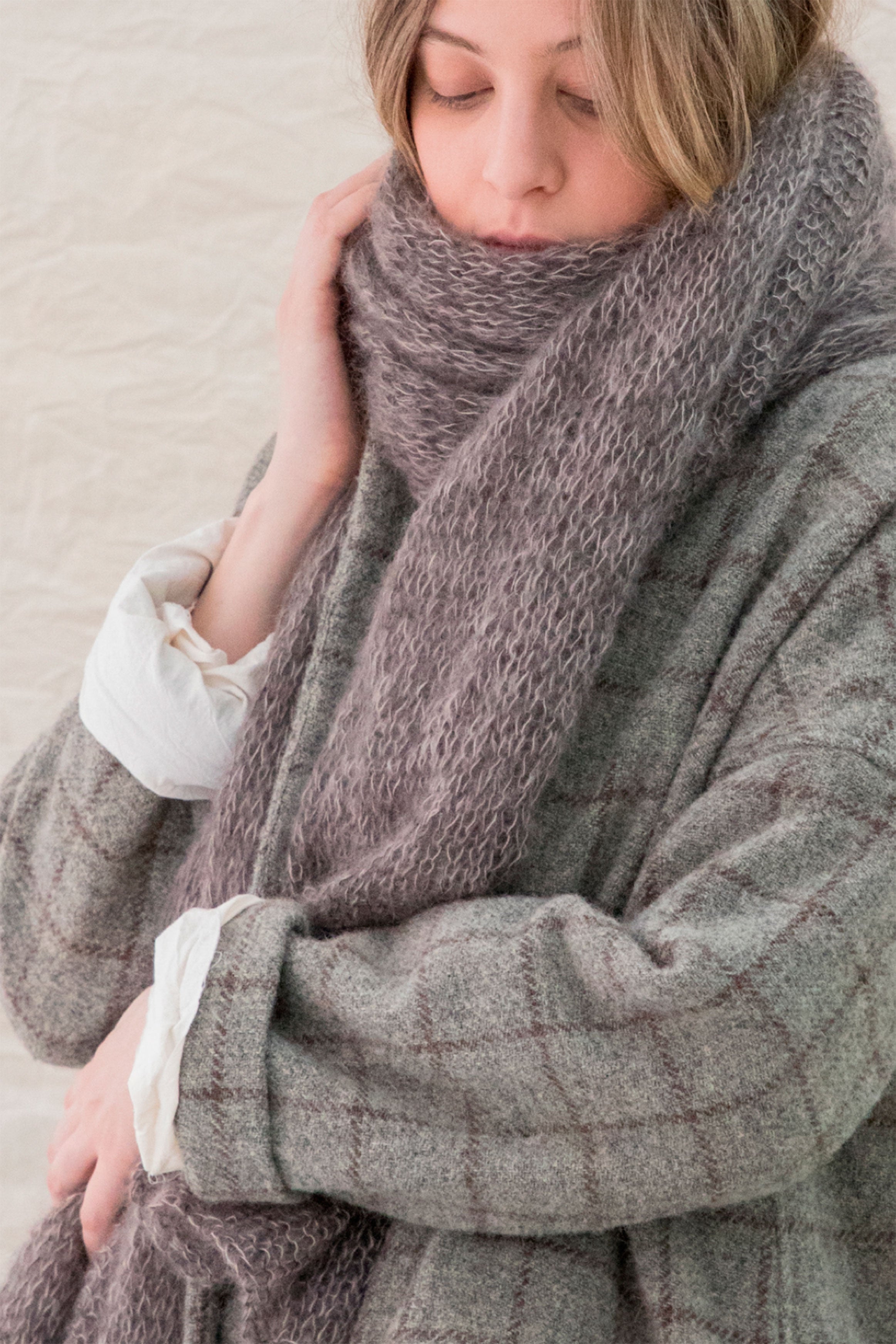 mohair silk hand knitted long scarf pepper