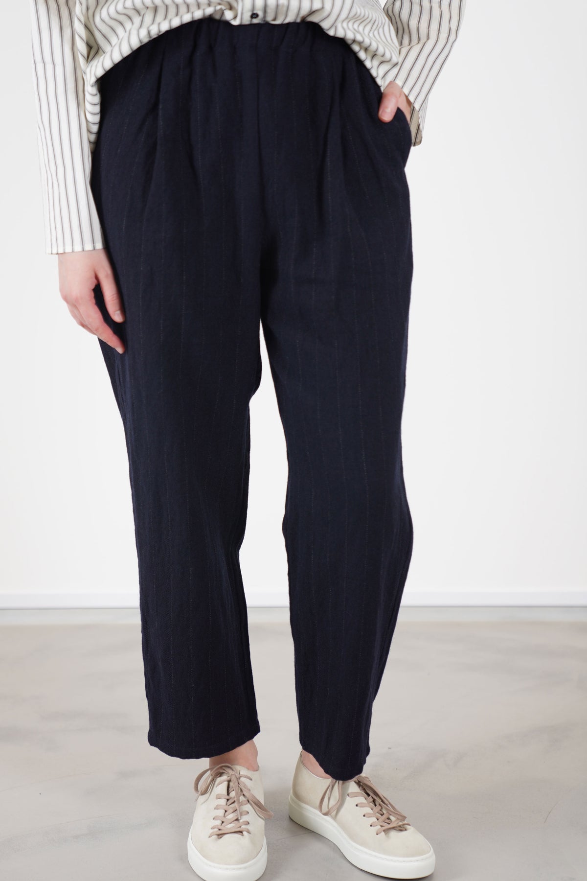 apuntob (a.b) woolen trousers blue thin stripes crafted from a soft, unlined wool blend with very thin grey stripe details