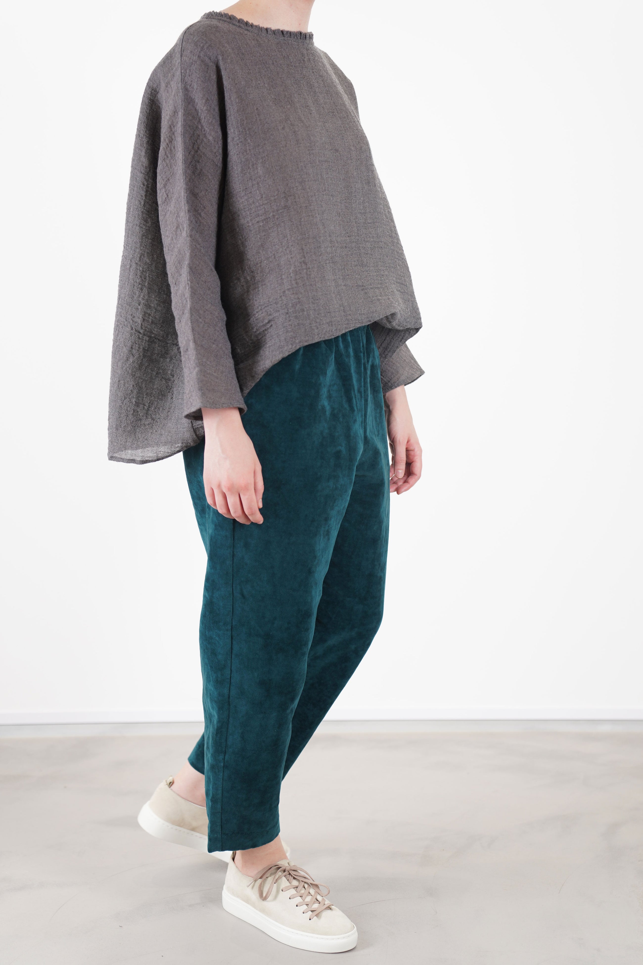 apuntob (a.b) velvet trousers peacock blue worn with apuntob linen wool shirt walnut