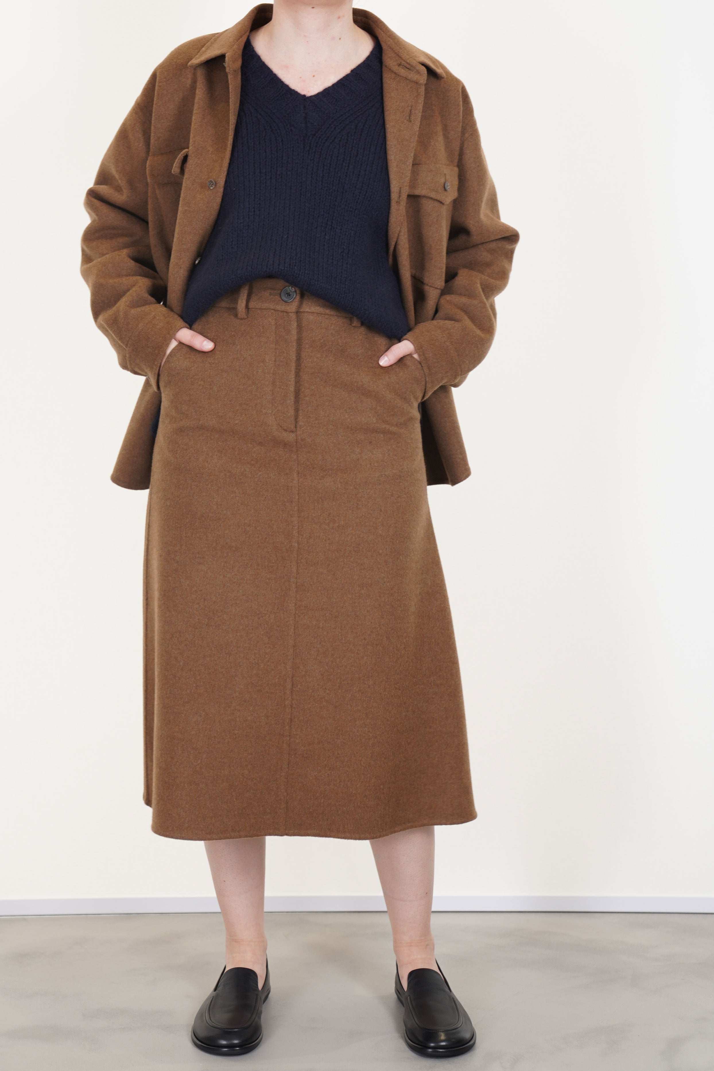 asciari ariel skirt wool cashmere brown worn with asciari shirt cruz wool cashmere brown and cashmere knit ferro navy
