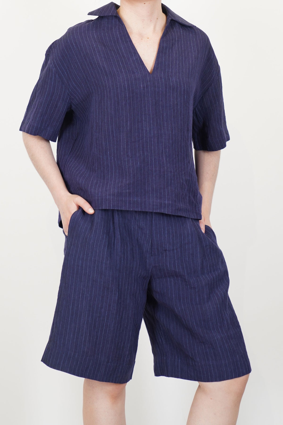 top lise linen navy pinstripe