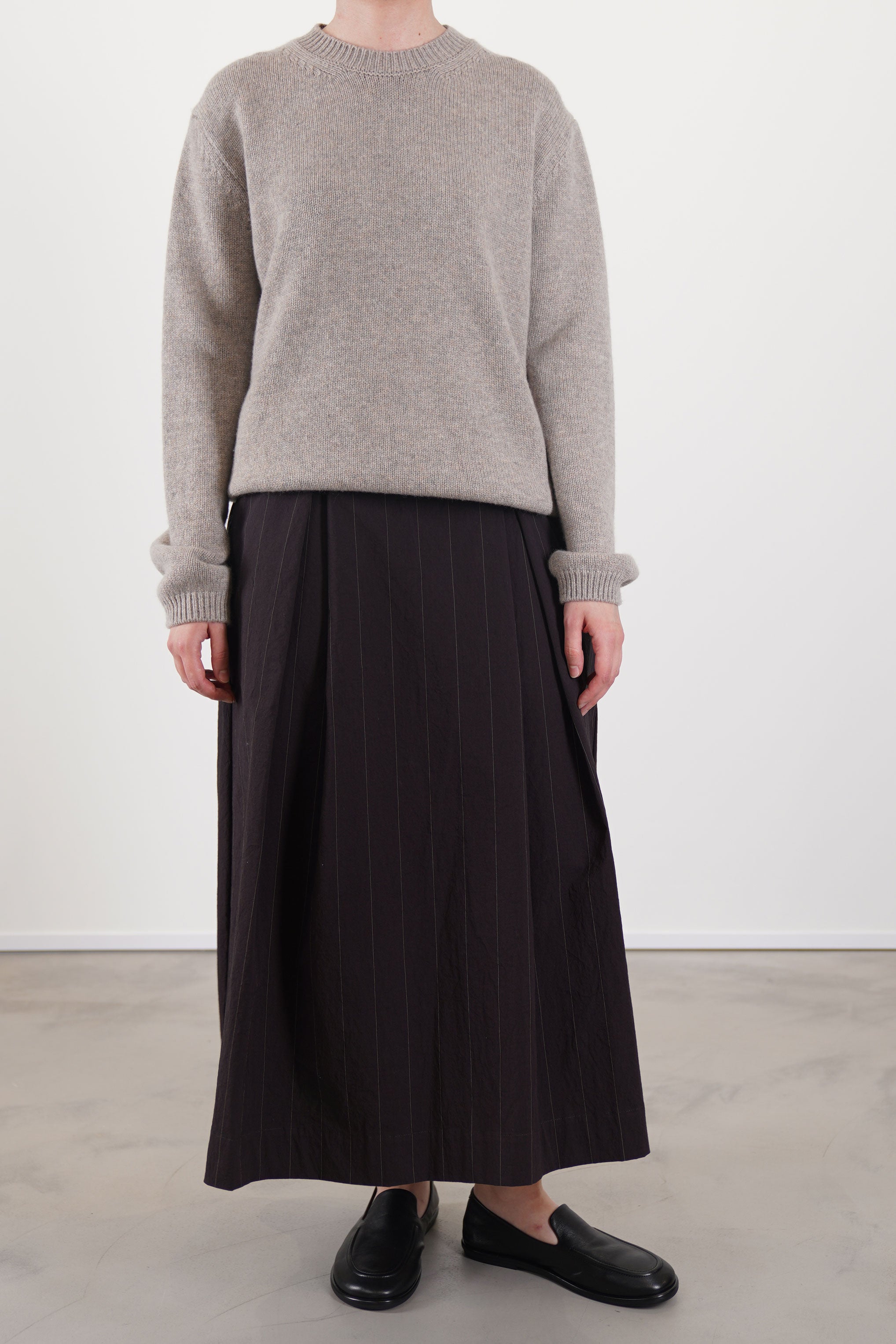 bergfabel emma skirt eggplant worn with bergfabel cashmere pullover greige