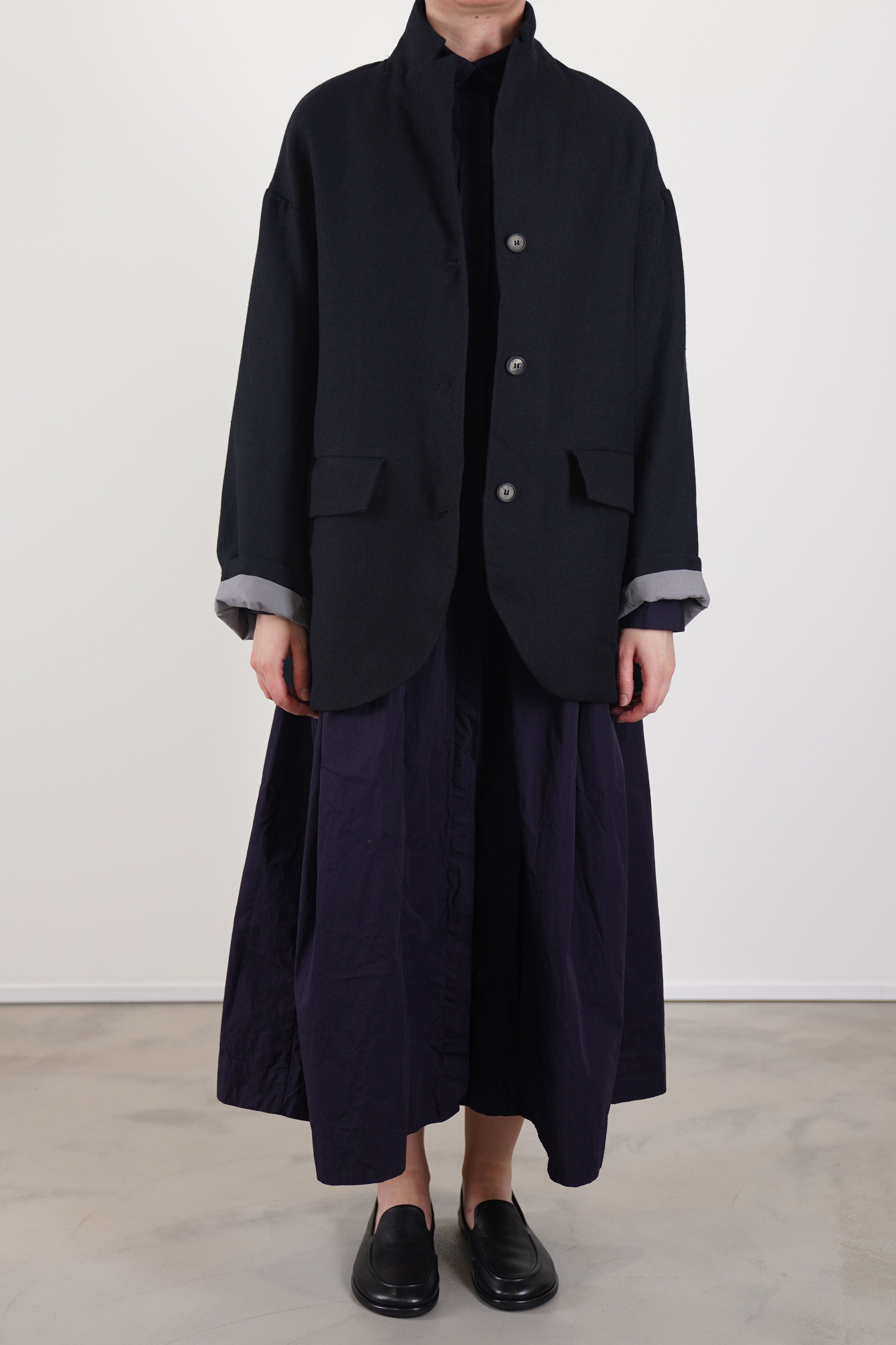 bergfabel wool linen bella jacket black navy worn with bergfabel sally dress acai