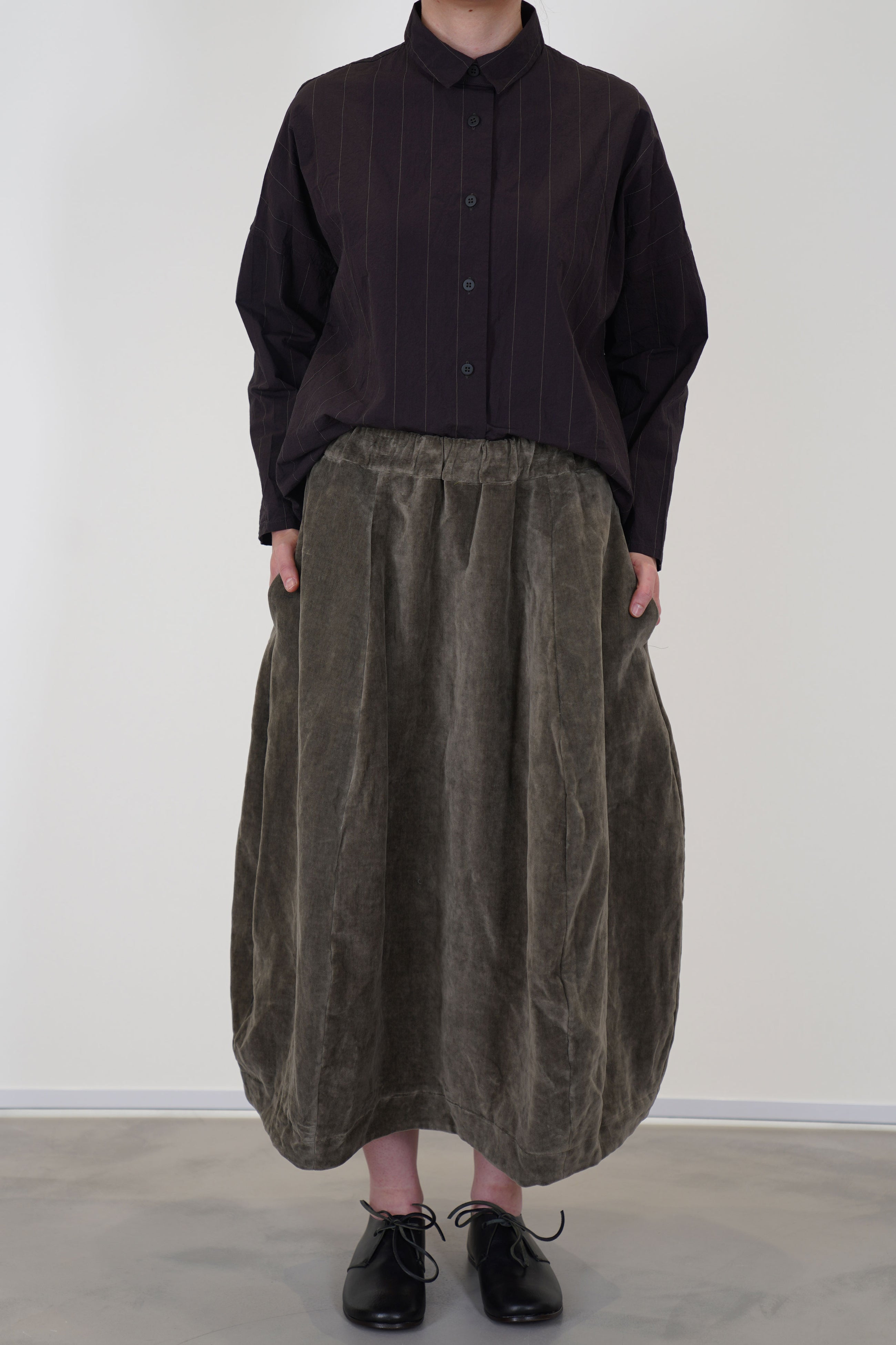 bergfabel tina shirt eggplant paired with velvet skirt carla mud