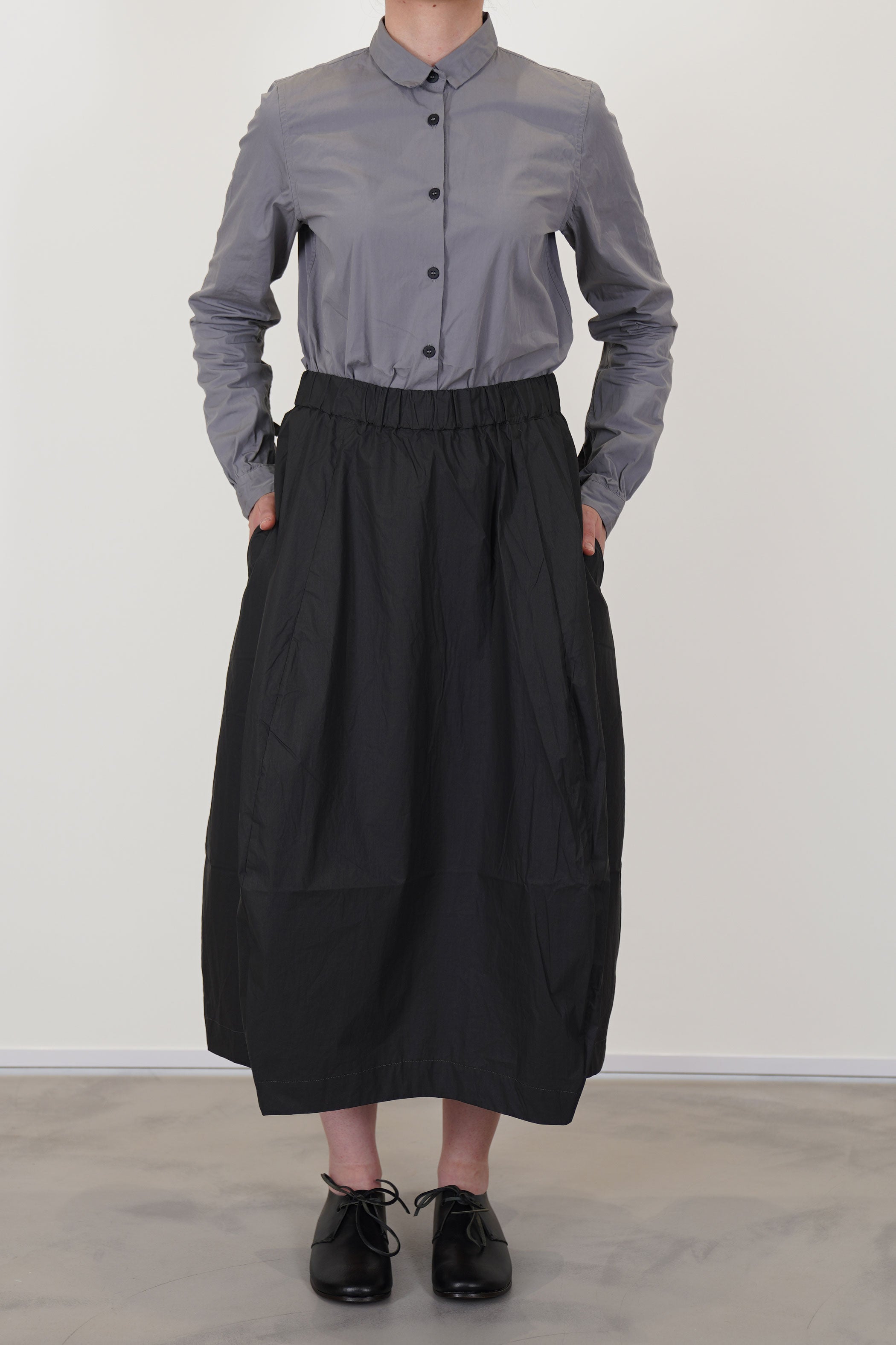 bergfabel tyrol shirt fog worn with coated cotton carla skirt carbon