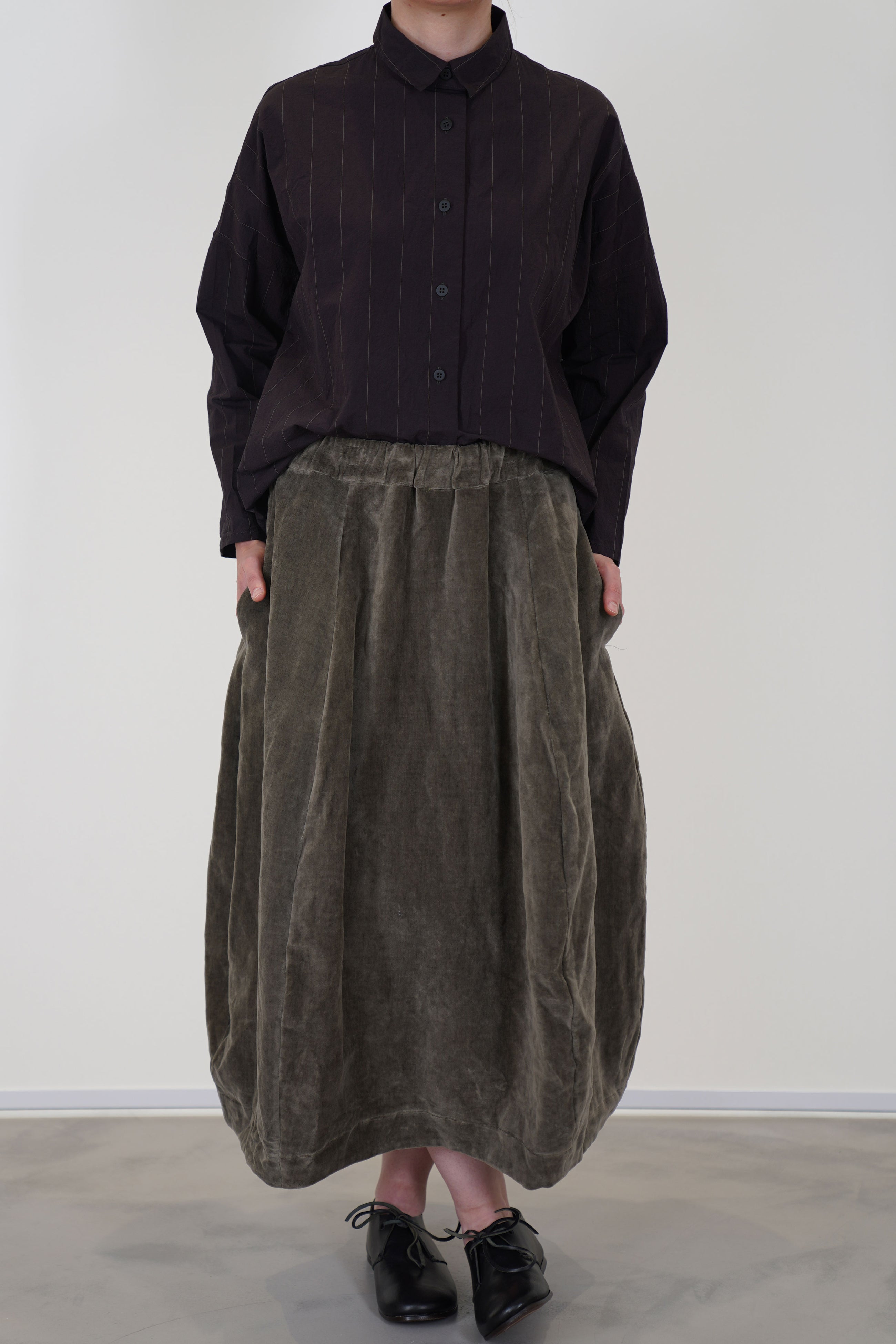 velvet skirt carla mud worn with tina shirt aubergine