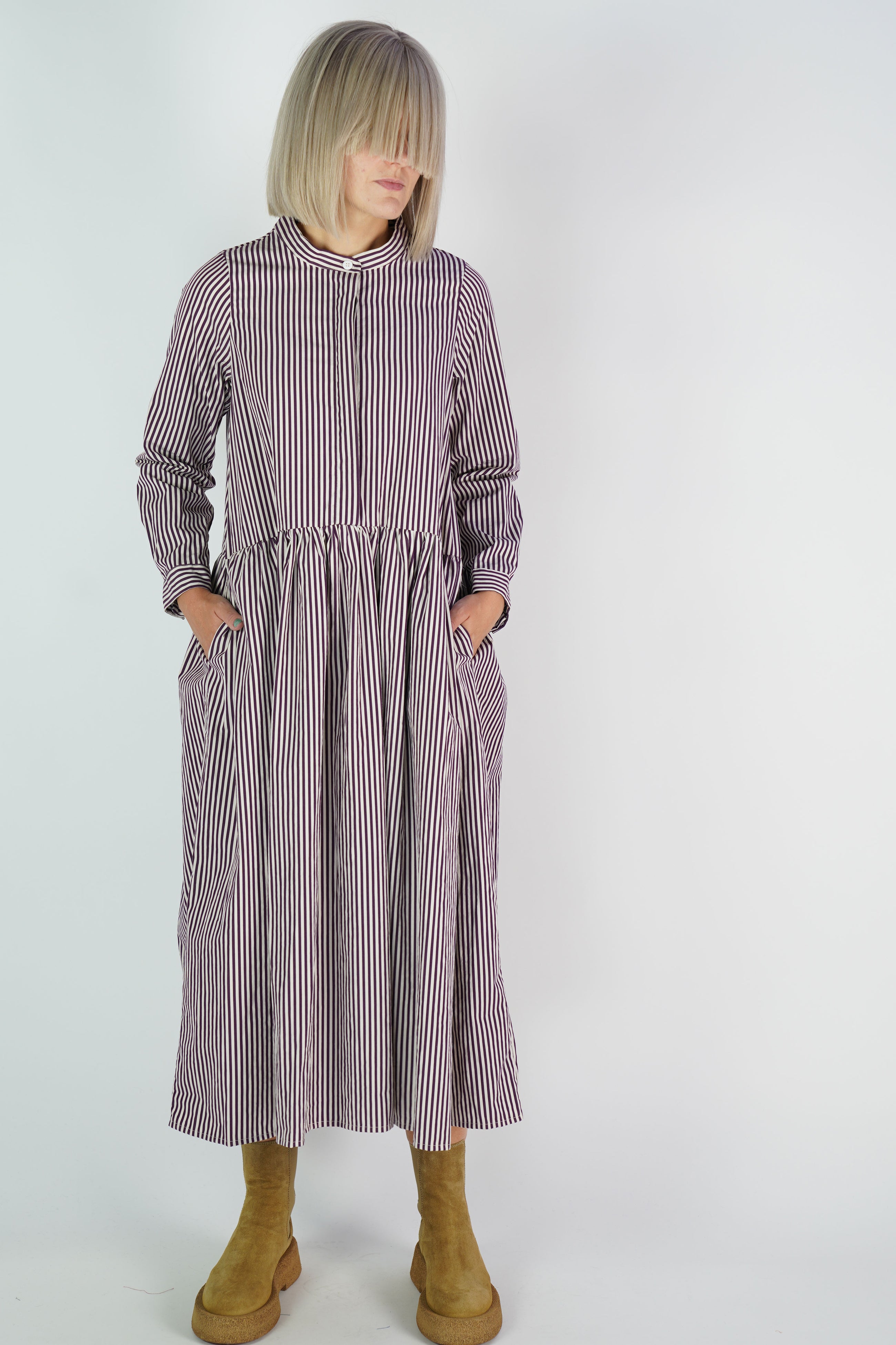 farmer dress wine stripes
