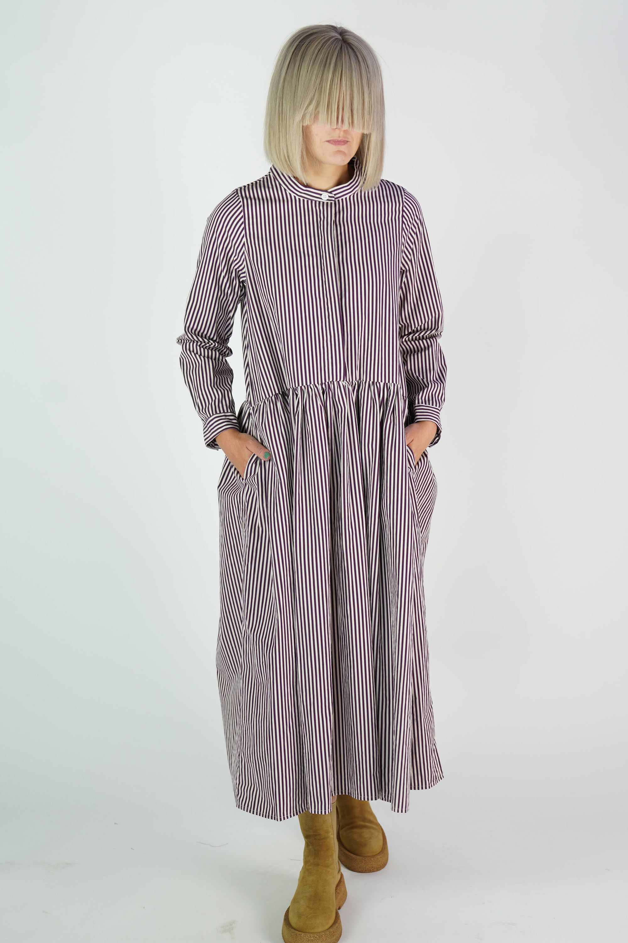 farmer dress wine stripes