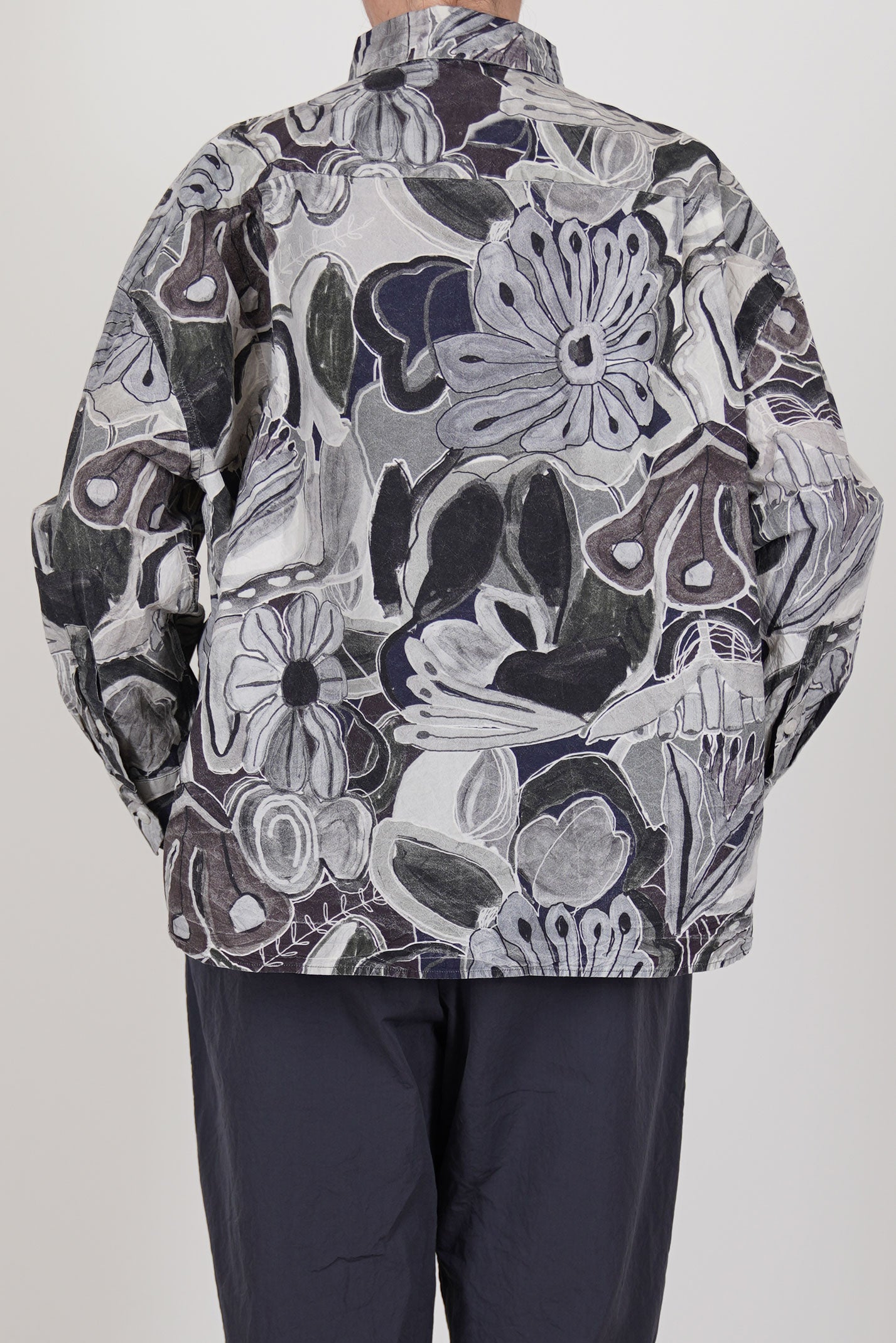 back view of casey casey manon shirt greys print, minimalist slow fashion design