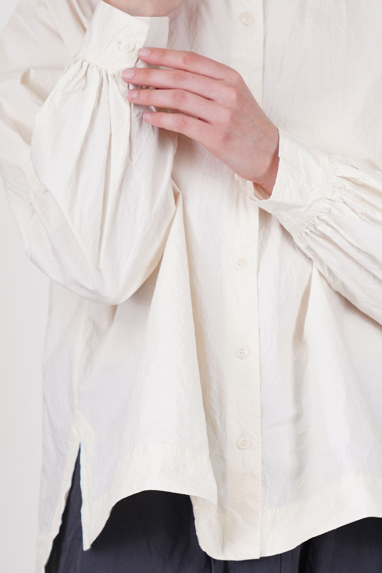 casey casey biggy grandad shirt natural with long sleeves that have gather details at the cuffs.