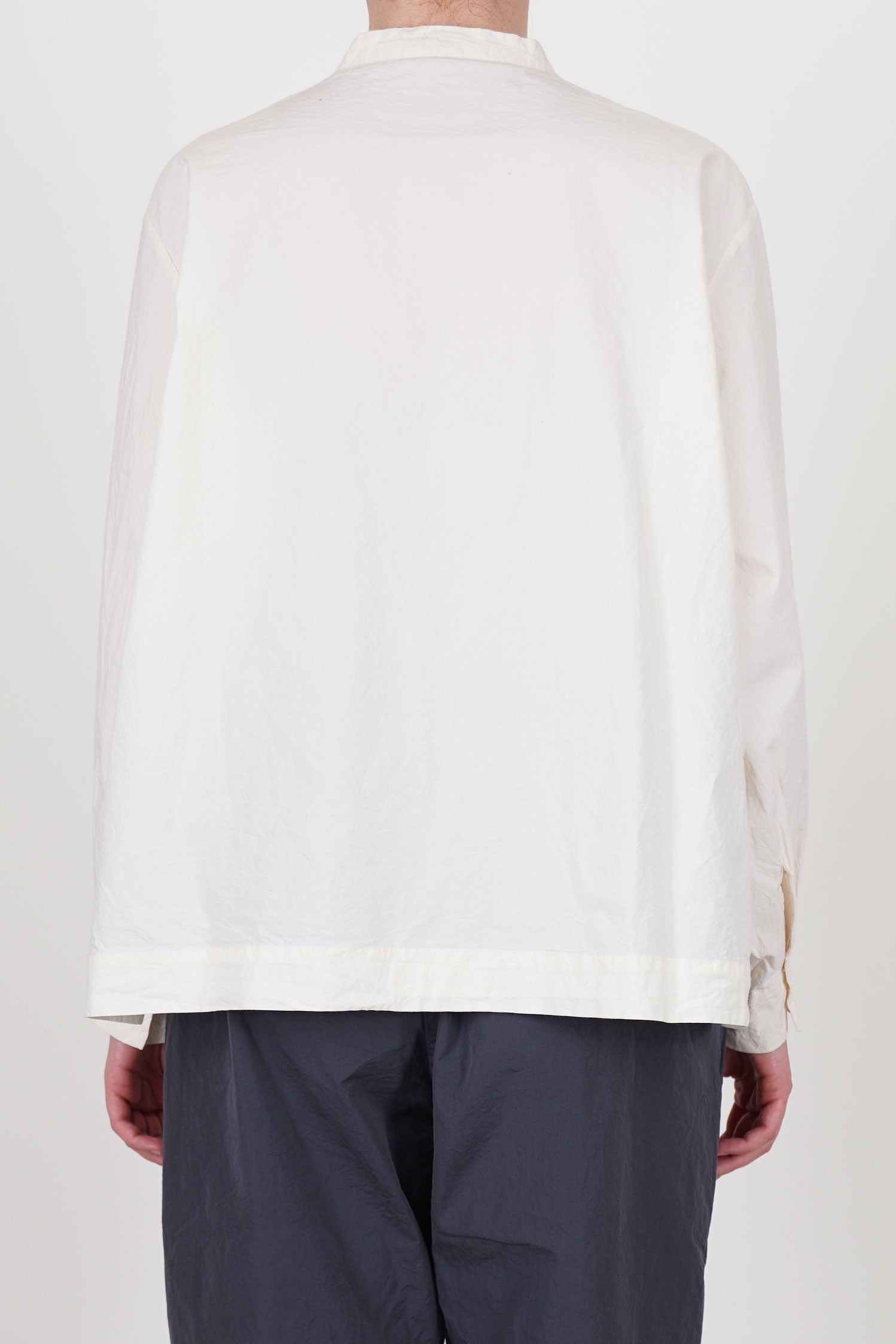 back view of casey casey biggy grandad shirt natural straight hemline , boxy fit and relaxed cut