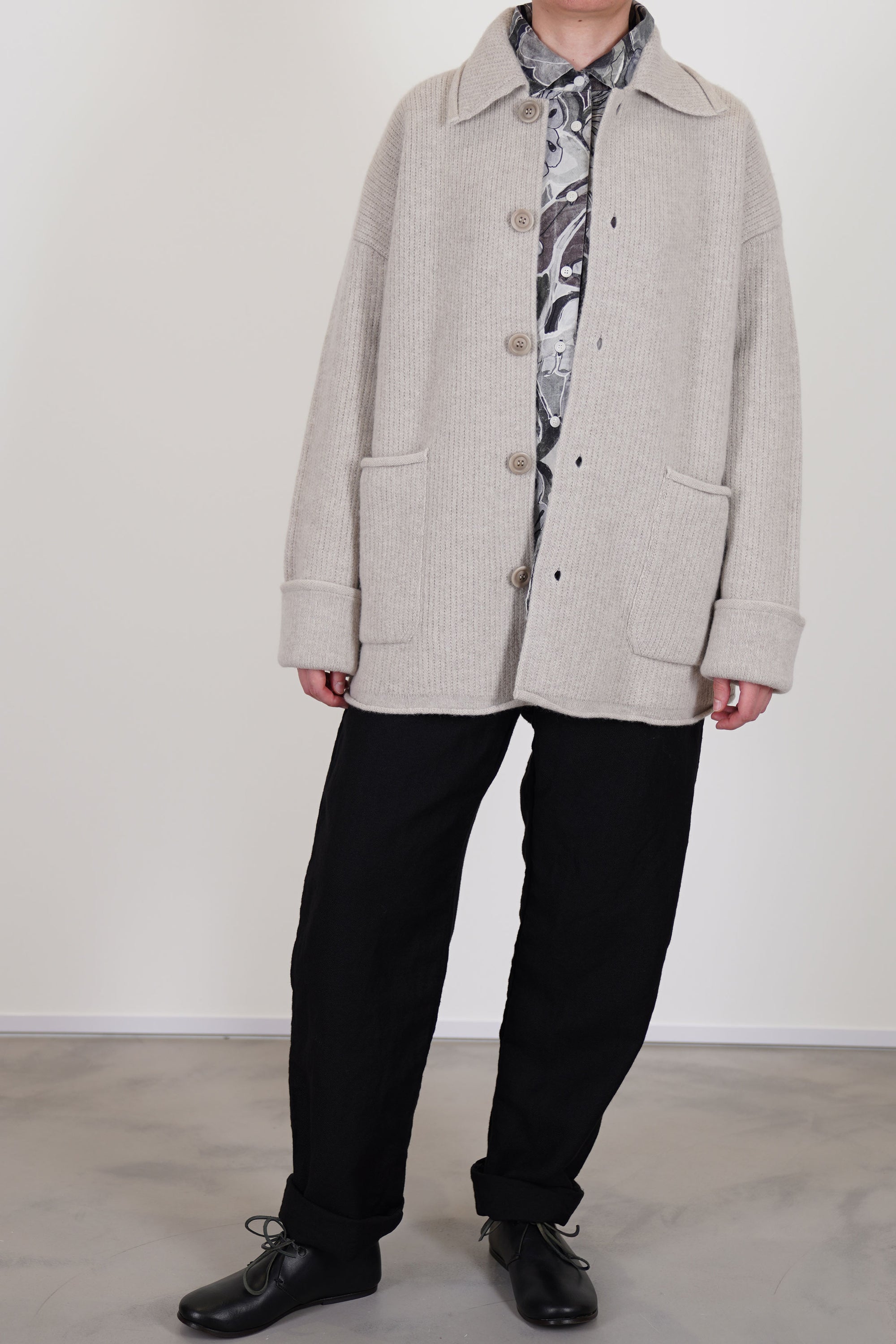 casey casey jacket rove light grey wool worn with long chasse pants black