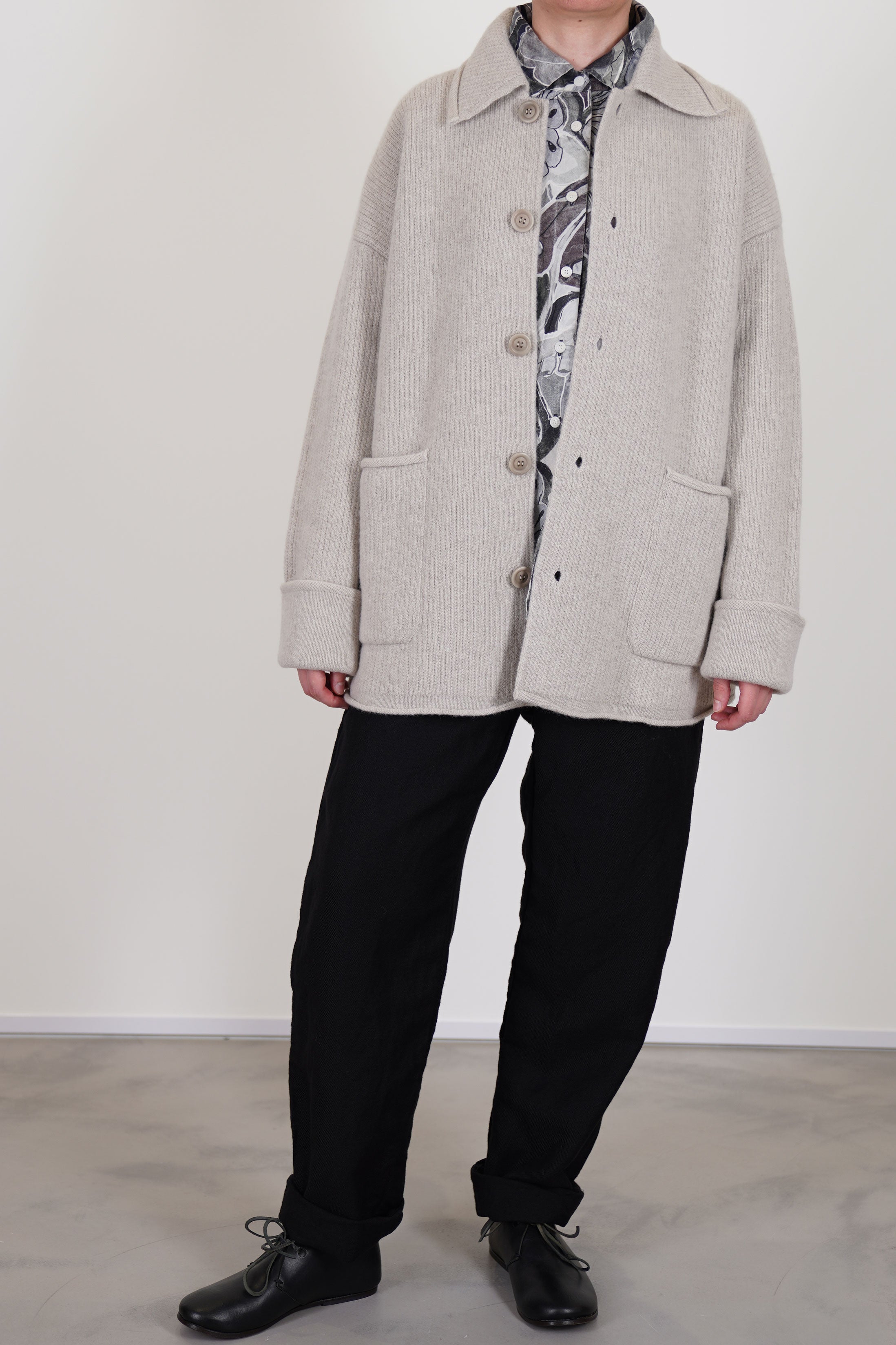 casey casey jacket rove light grey wool worn with long chasse pants black
