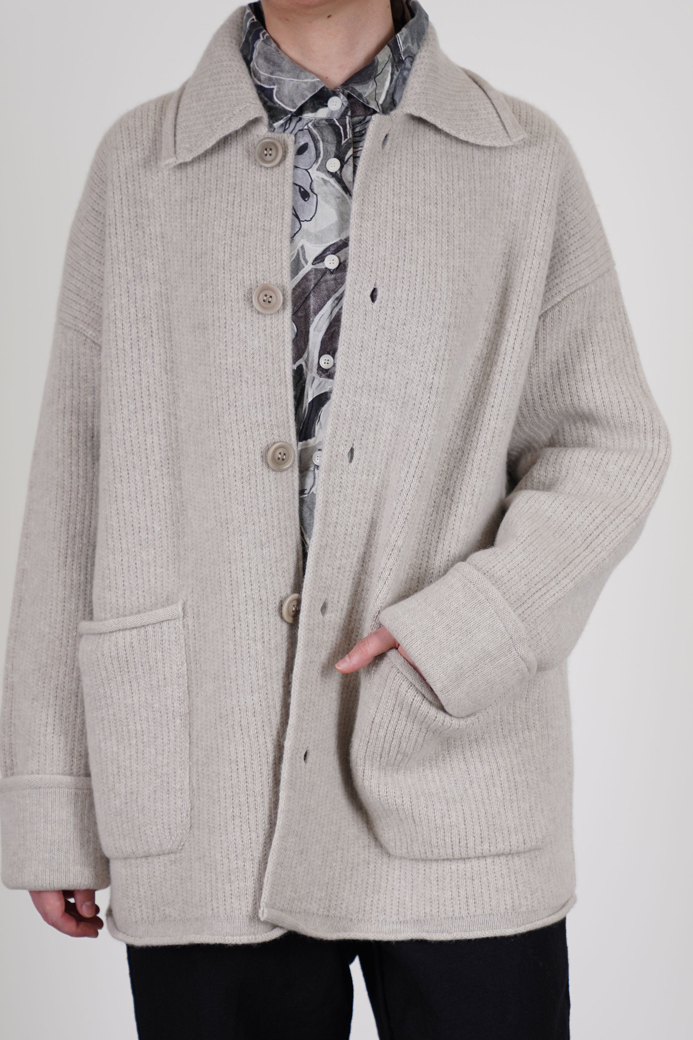 casey casey jacket rove light grey wool rolled-edged details at the collar, cuffs, pockets, and hem for a subtly deconstructed feel.