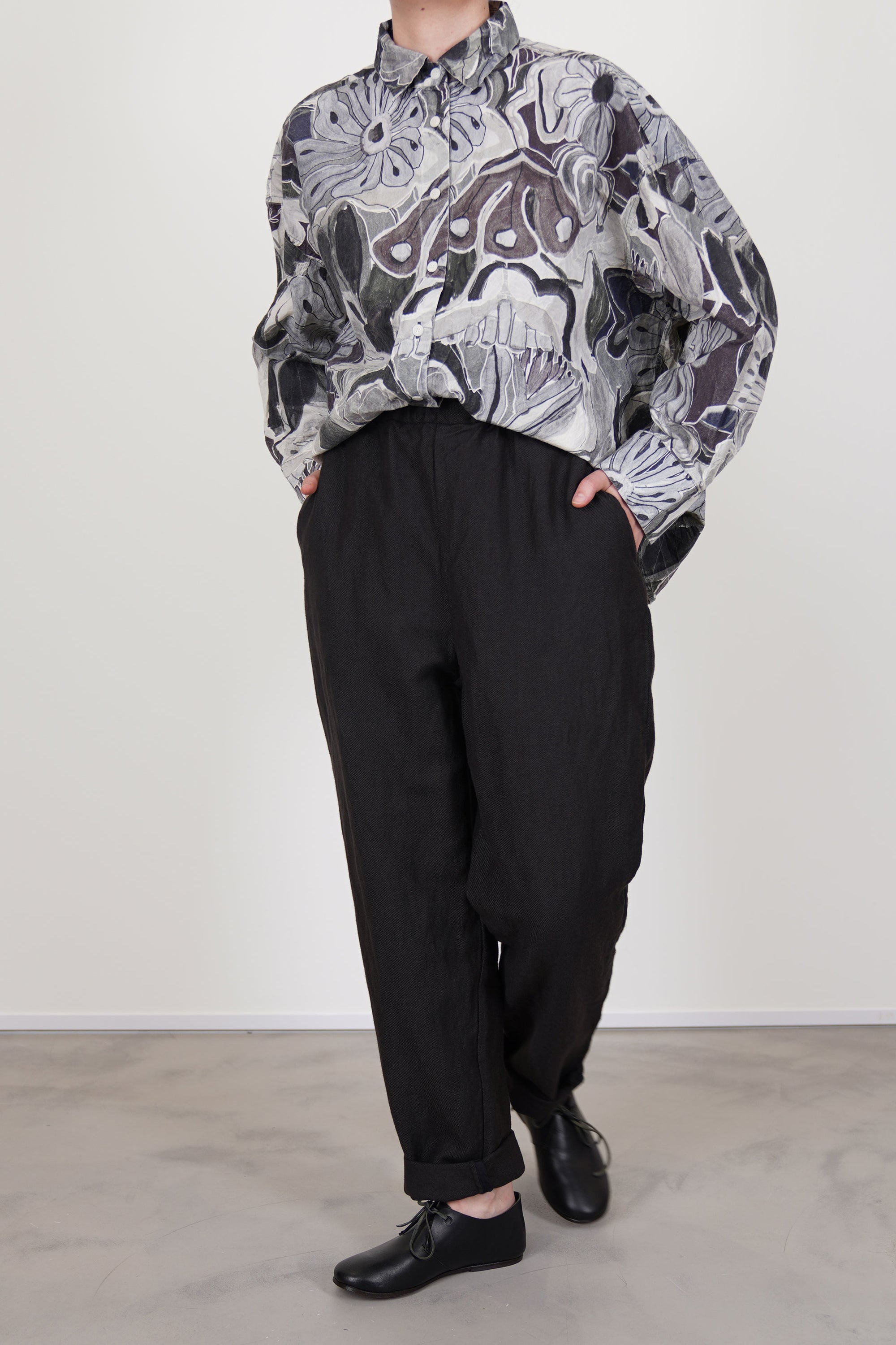 casey casey long chasse pants dark brown worn with manon shirt greys print