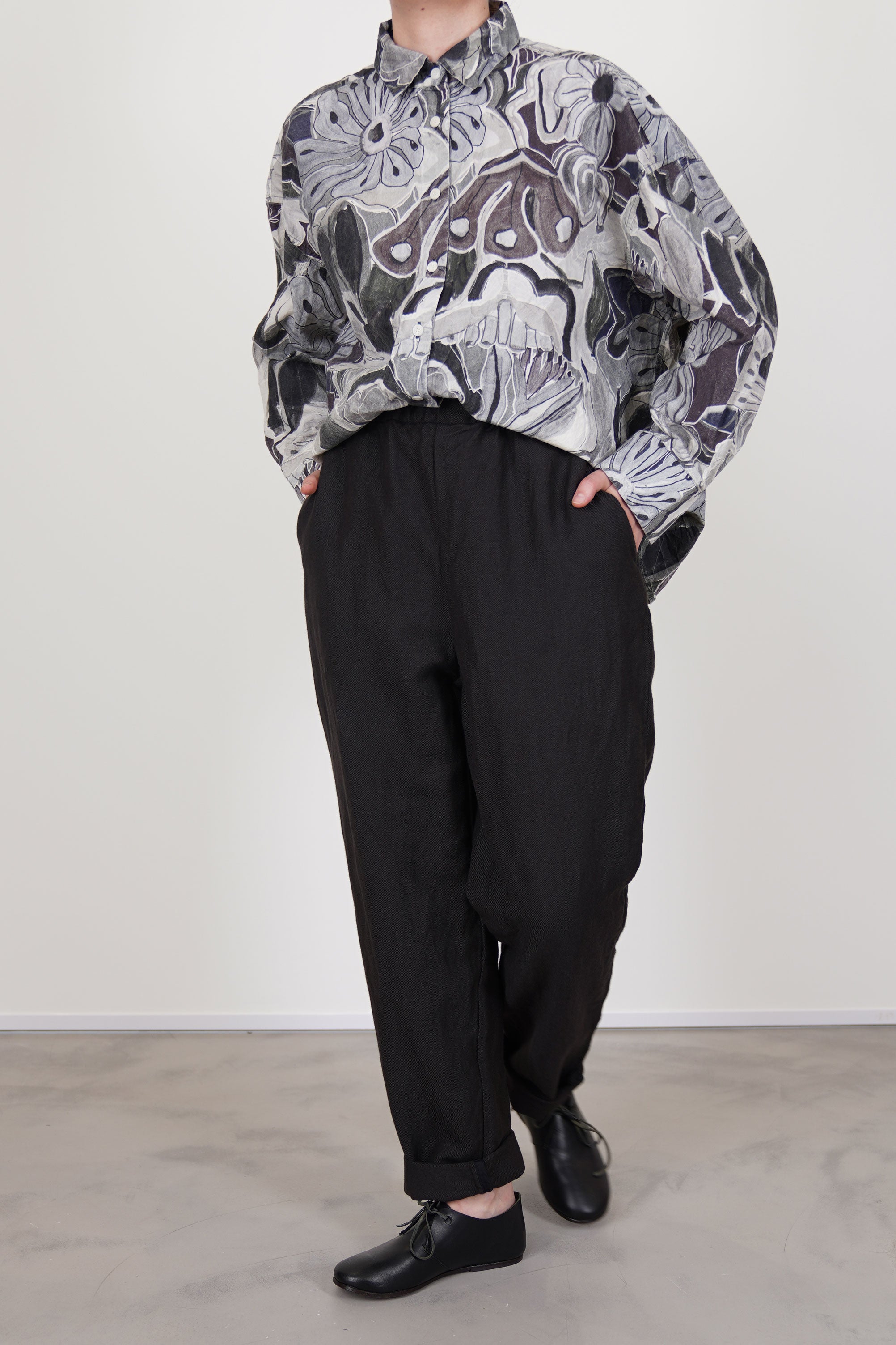 casey casey long chasse pants dark brown worn with manon shirt greys print