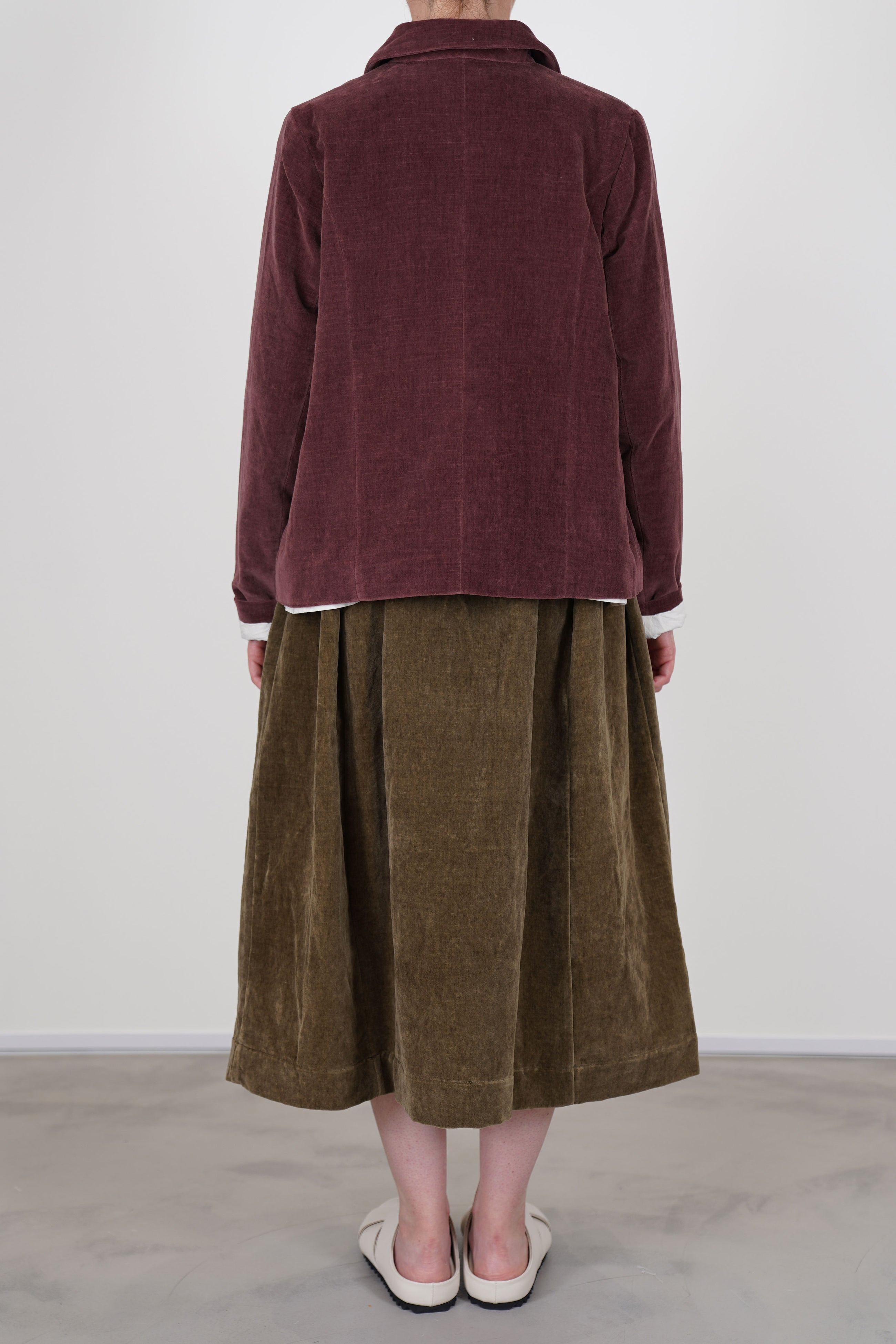 back view of casey casey pwet jacket velvet prune straight hemline, soft colalr detail