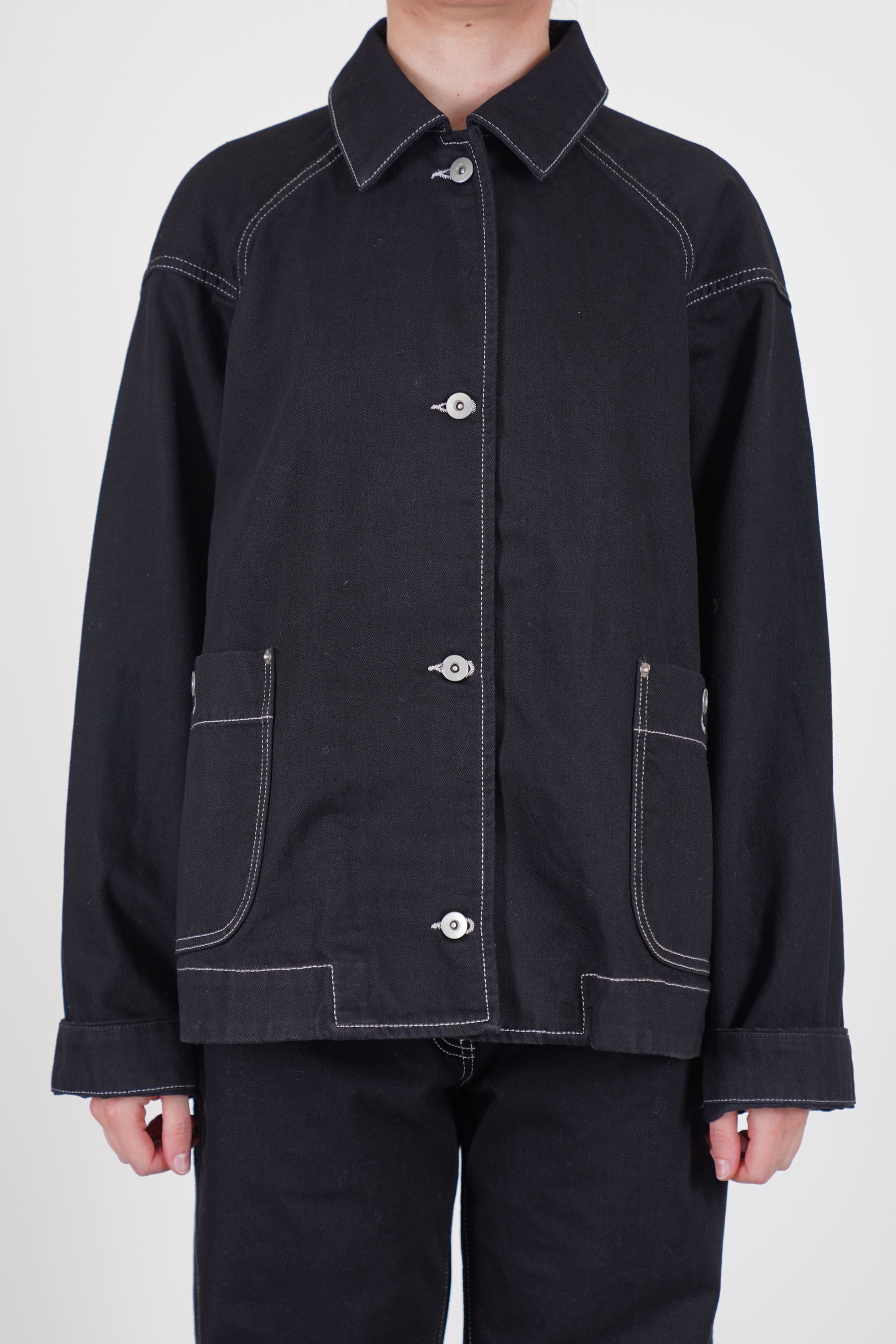 casey casey drays travail jacket denim black workwear inspired jacket crafted in pure washed cotton denim material.