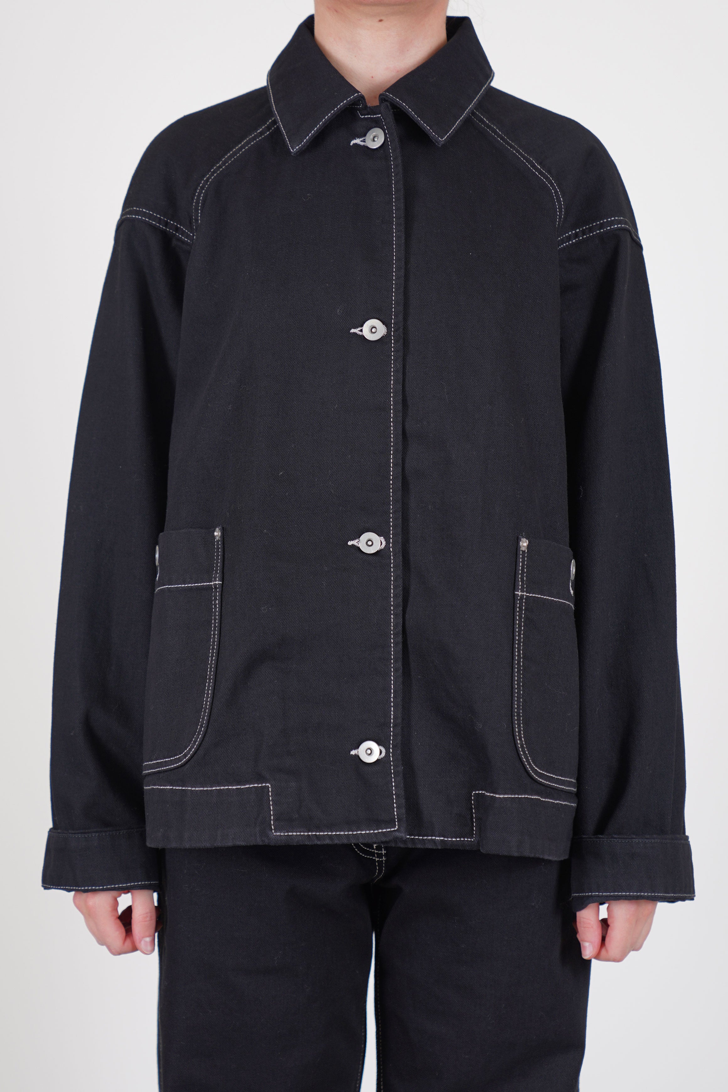 casey casey drays travail jacket denim black workwear inspired jacket crafted in pure washed cotton denim material.