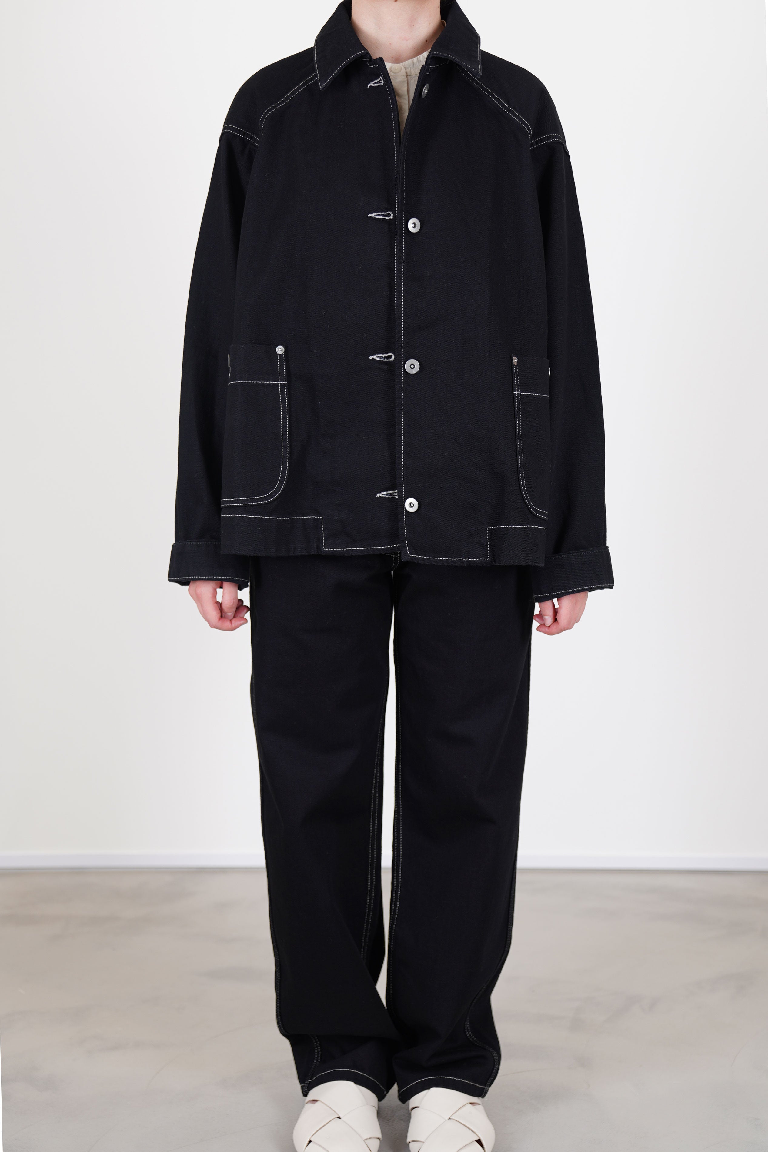 casey casey paulo pant denim black worn with matching drays travail denim jacket black