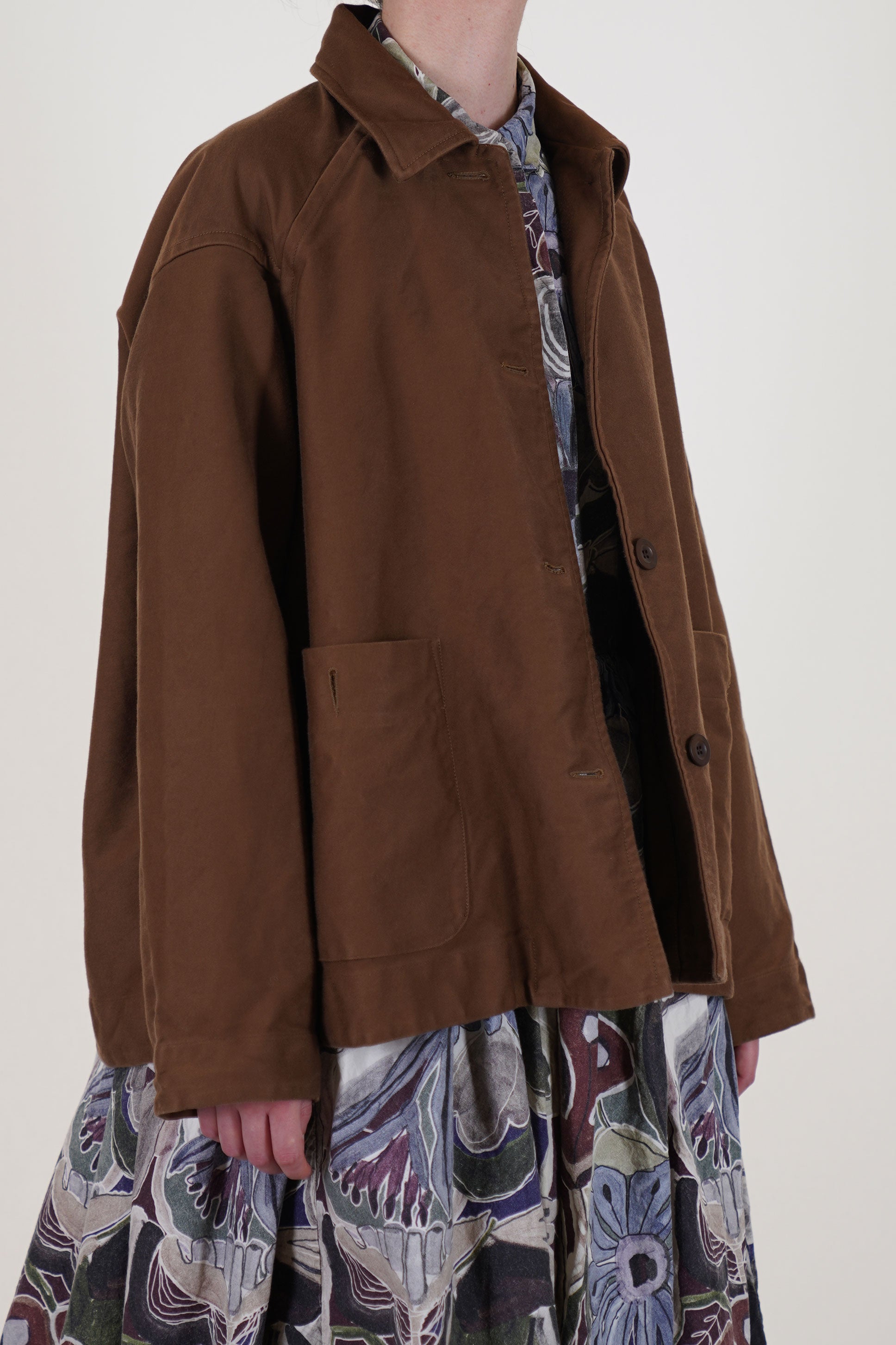 side view of casey casey drays travail jacket ginger featuring a satin faille weave that adds subtle sheen