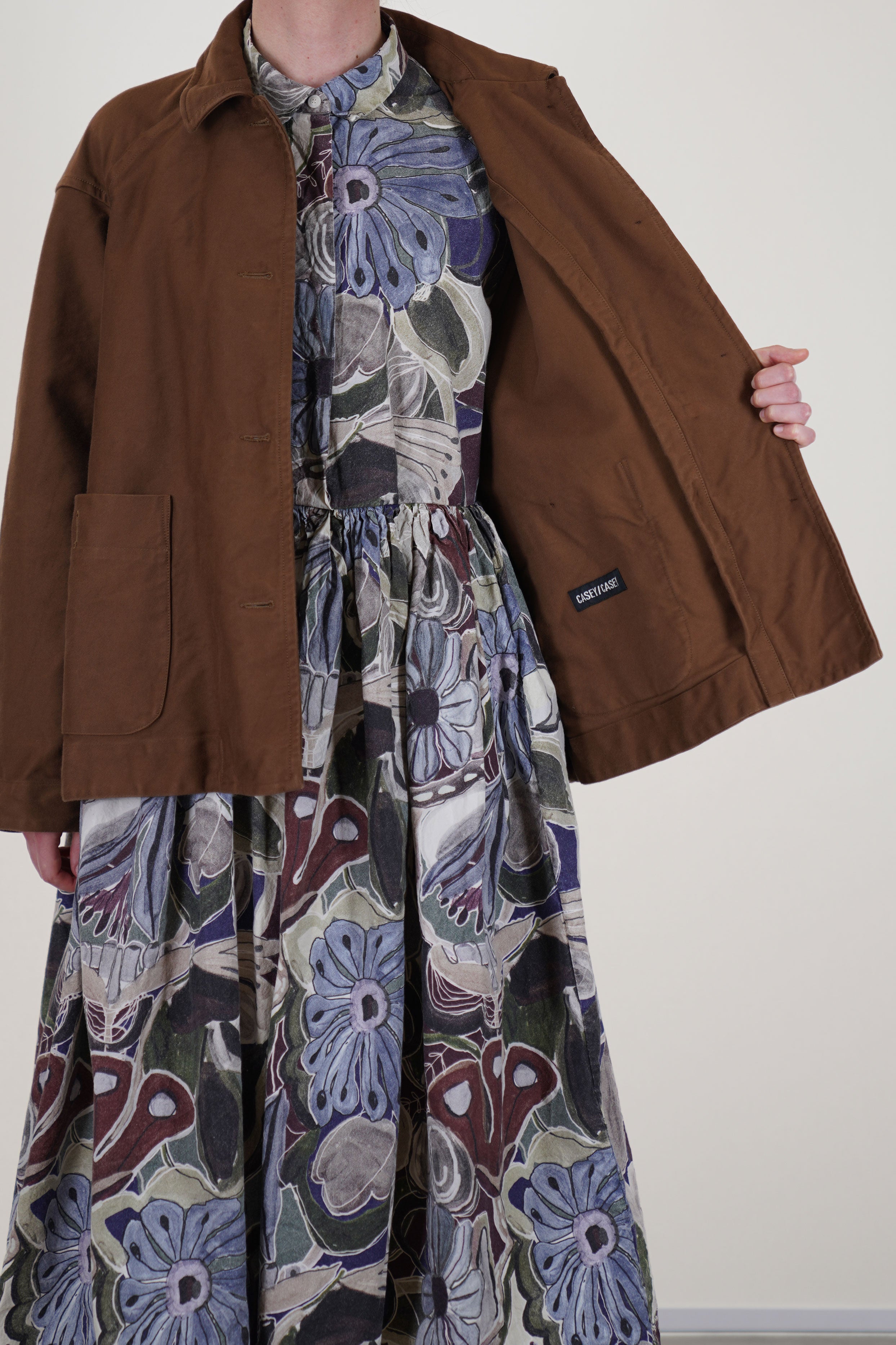 casey casey drays travail jacket ginger is unlined and worn with stephanie dress browns' print