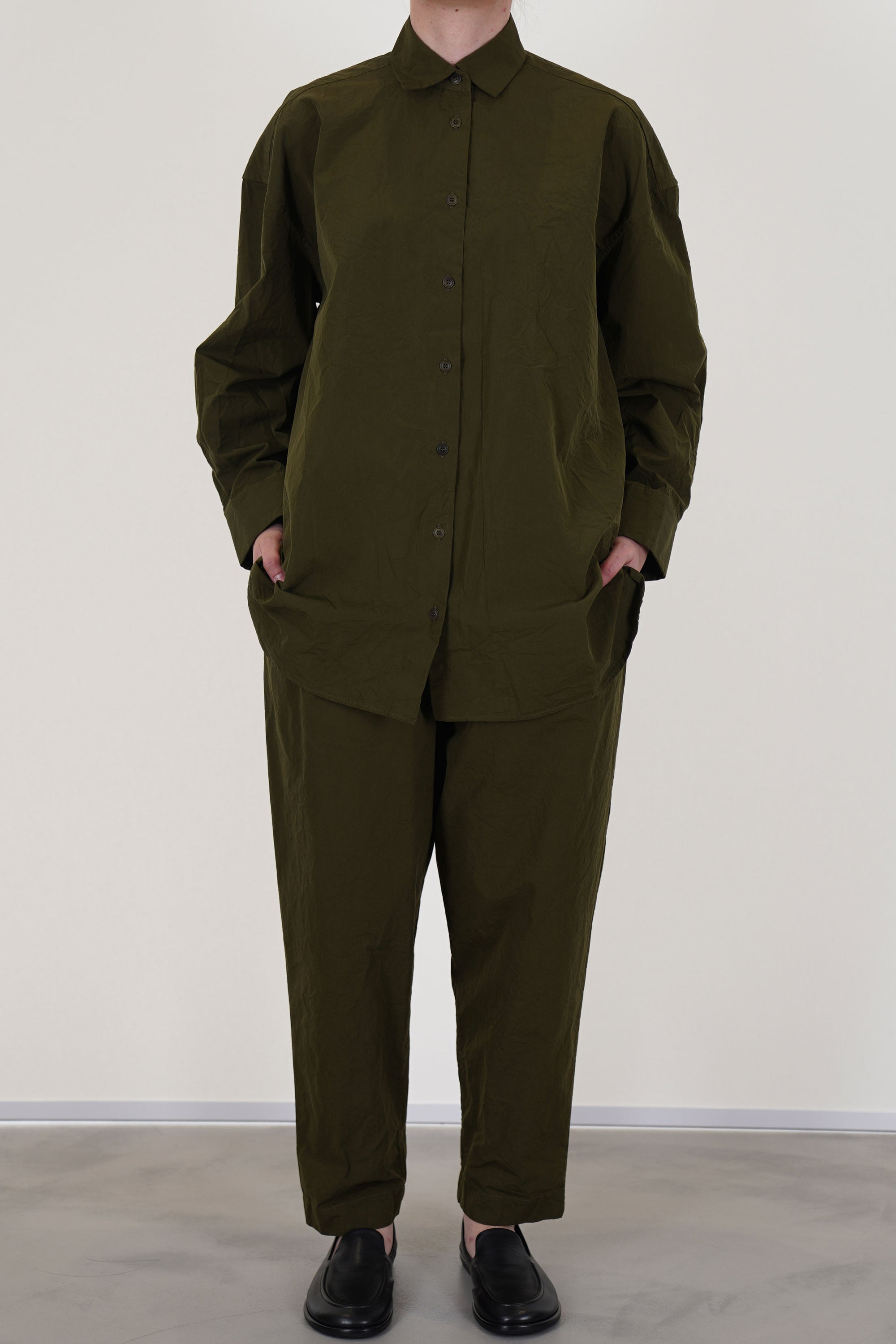 casey casey hamnet shirt green lake worn with matching tippy pants in green lake complimentary and effortlessly chic look