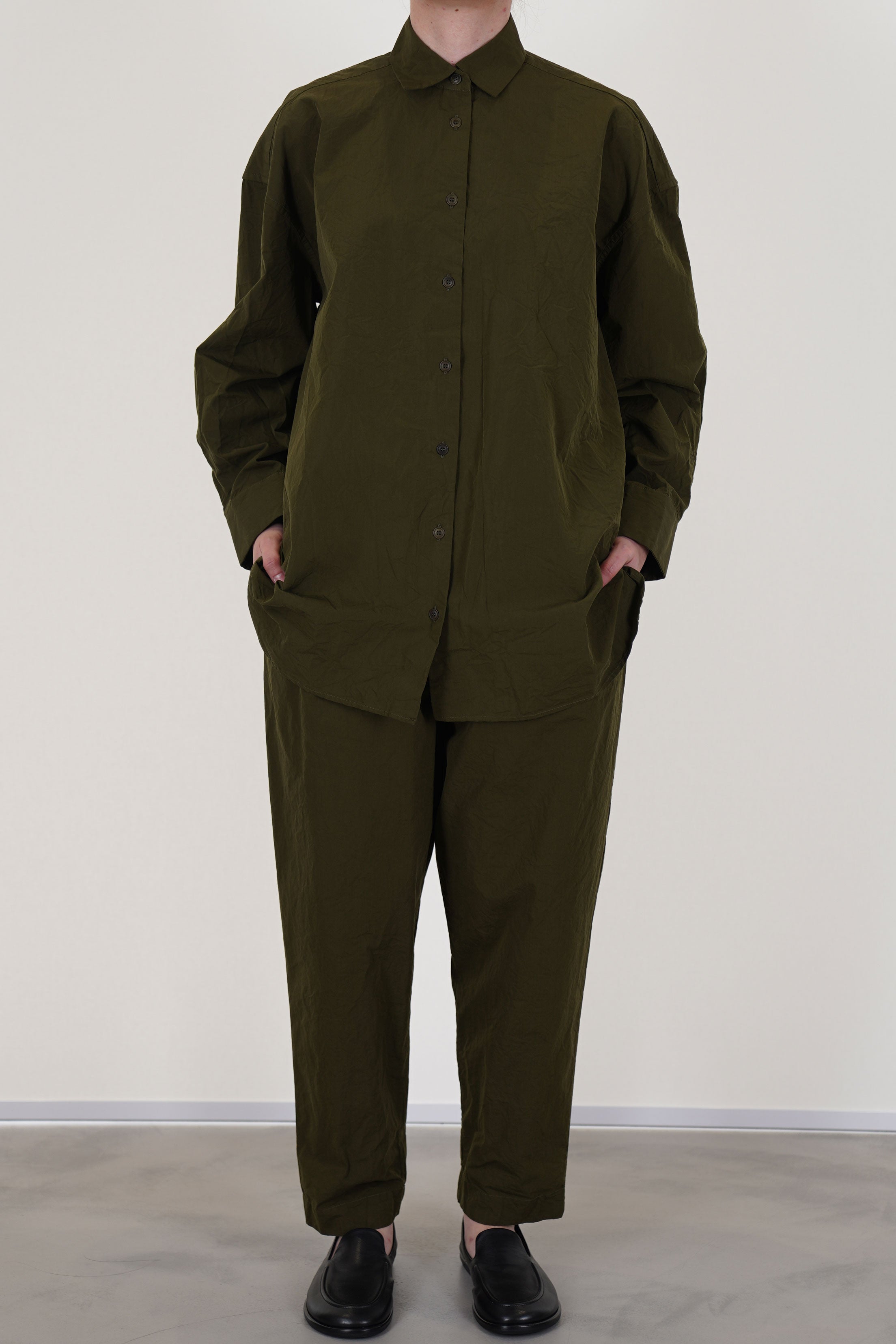 casey casey hamnet shirt green lake worn with matching tippy pants in green lake complimentary and effortlessly chic look