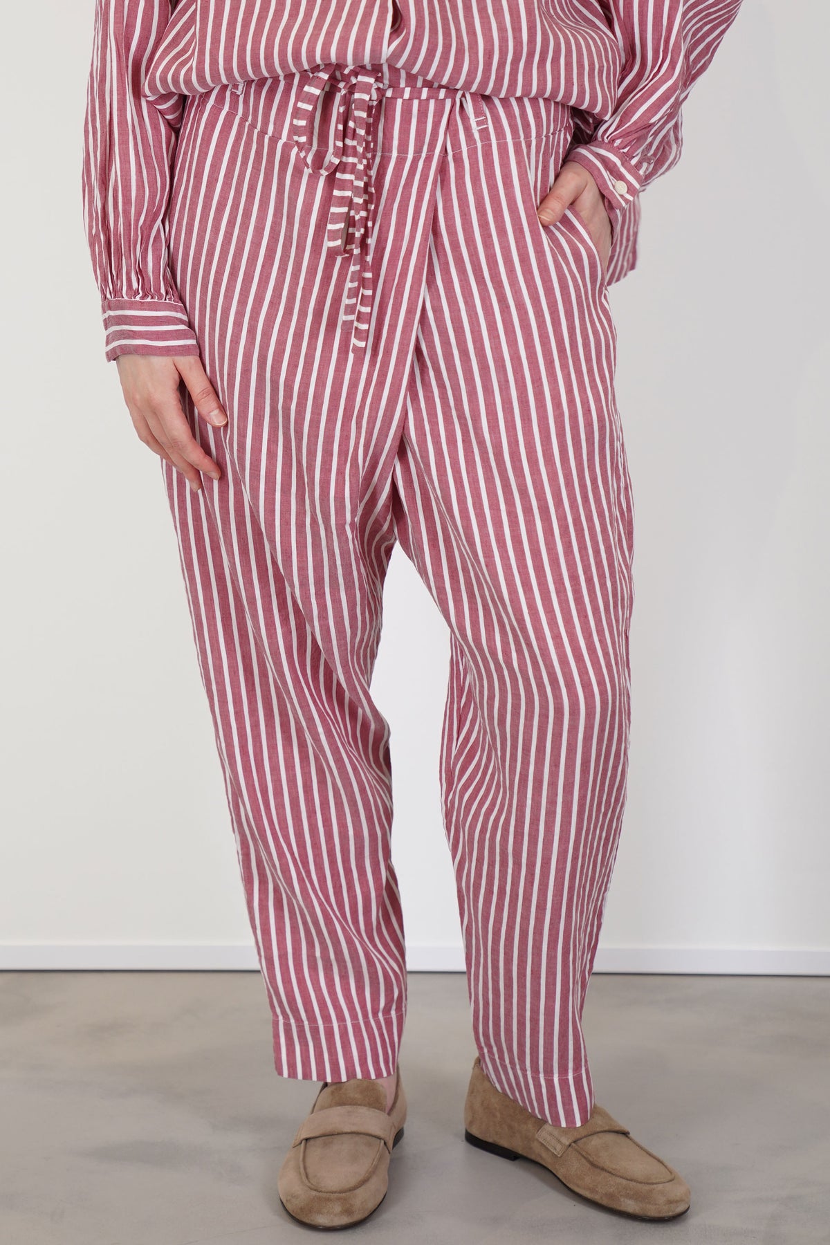 front view of casey casey tied sarouel pant stripe