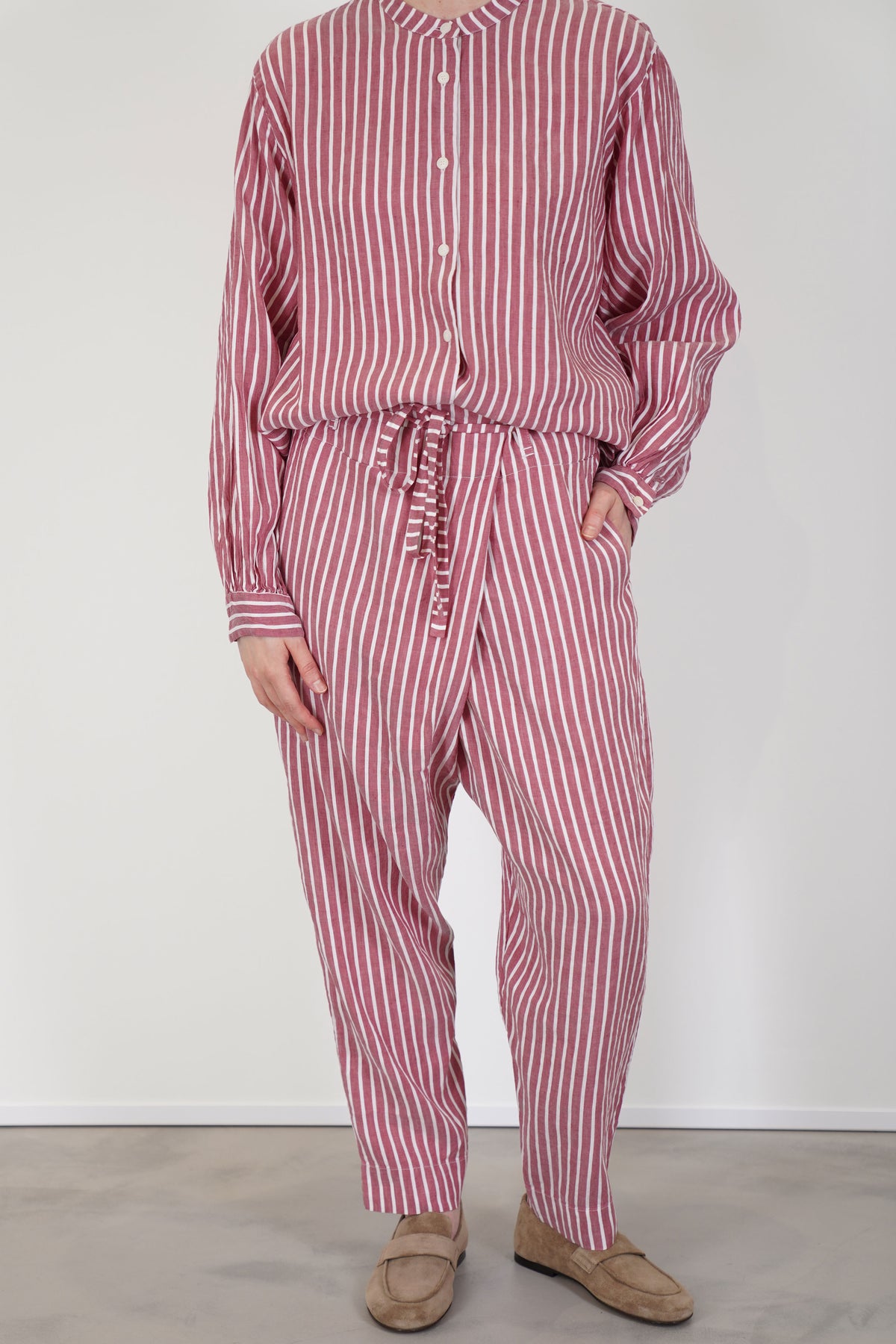 model wears casey casey tied sarouel pant stripe in a relaxed style