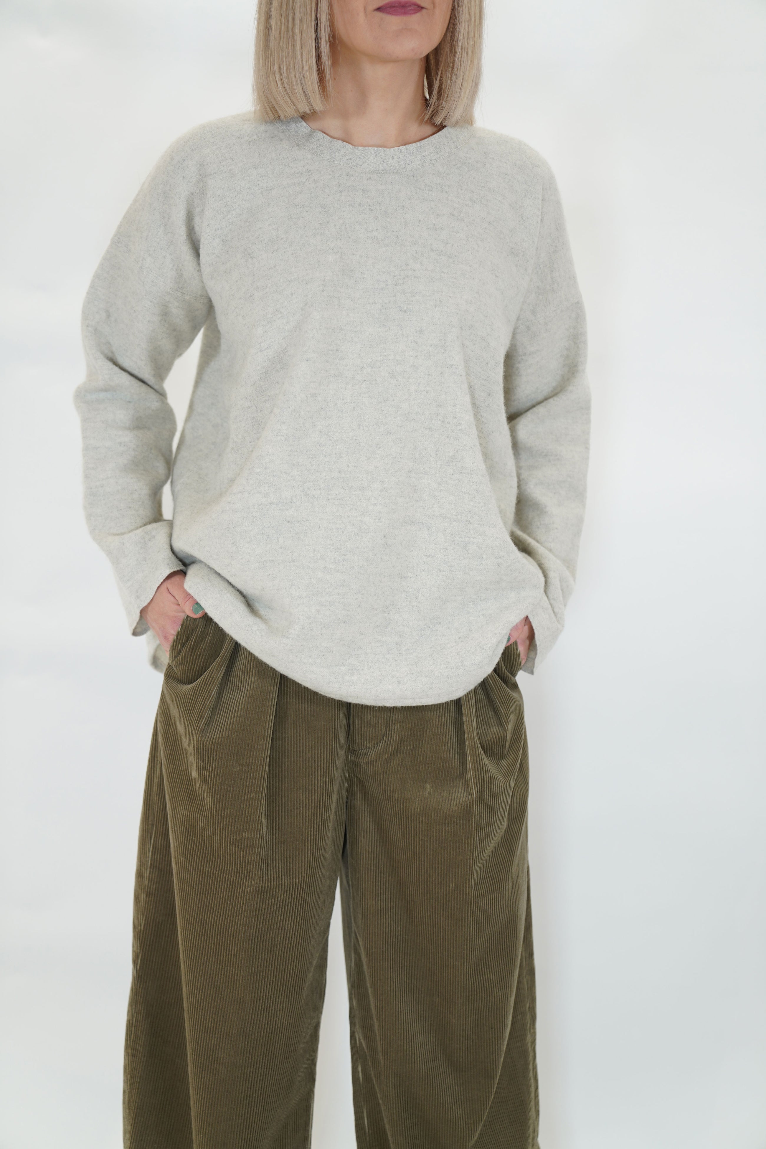 woolen crew neck over tee ecru