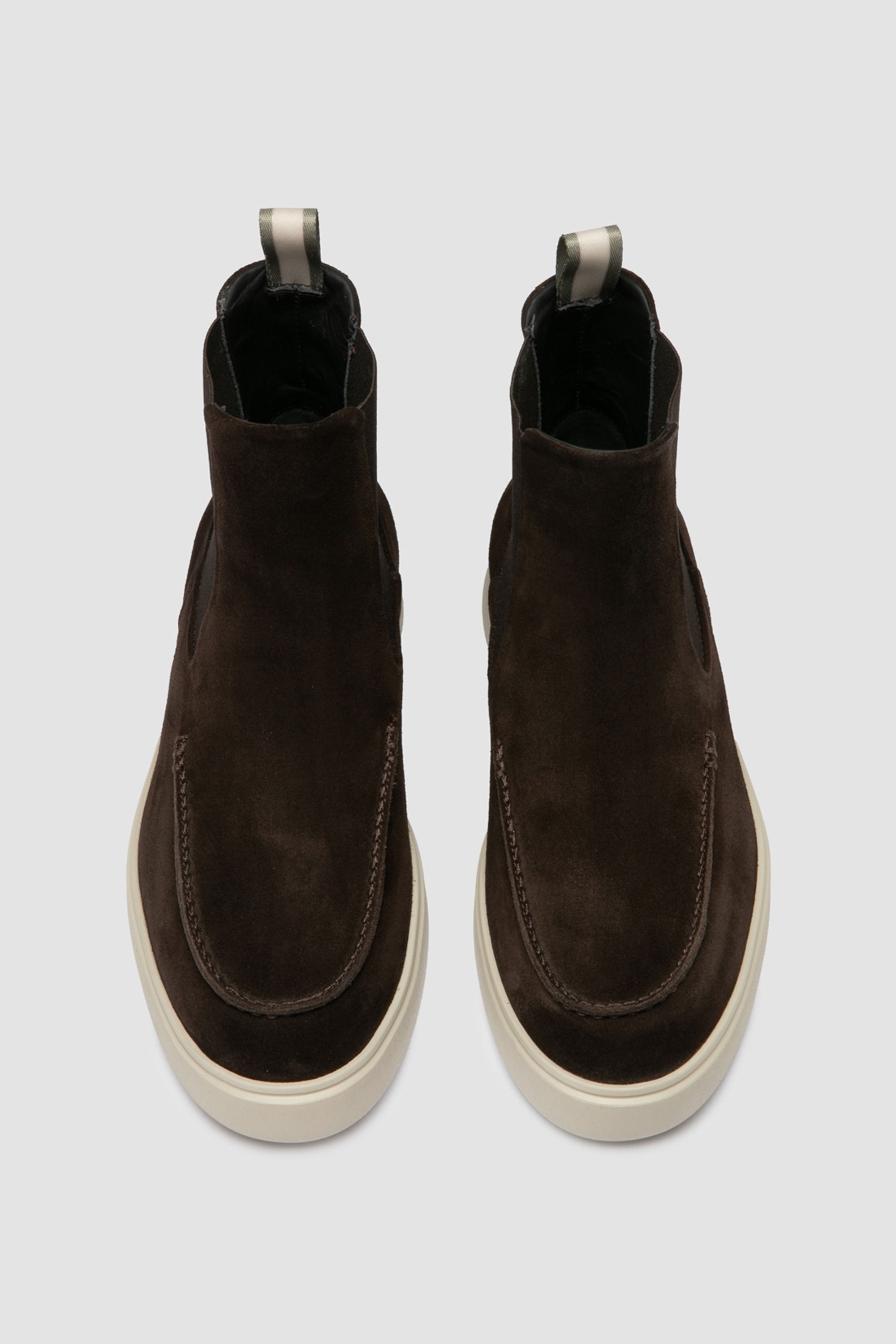 Close-up of Officine Creative Frame 107 suede boots in brown with contemporary chunky silhouette