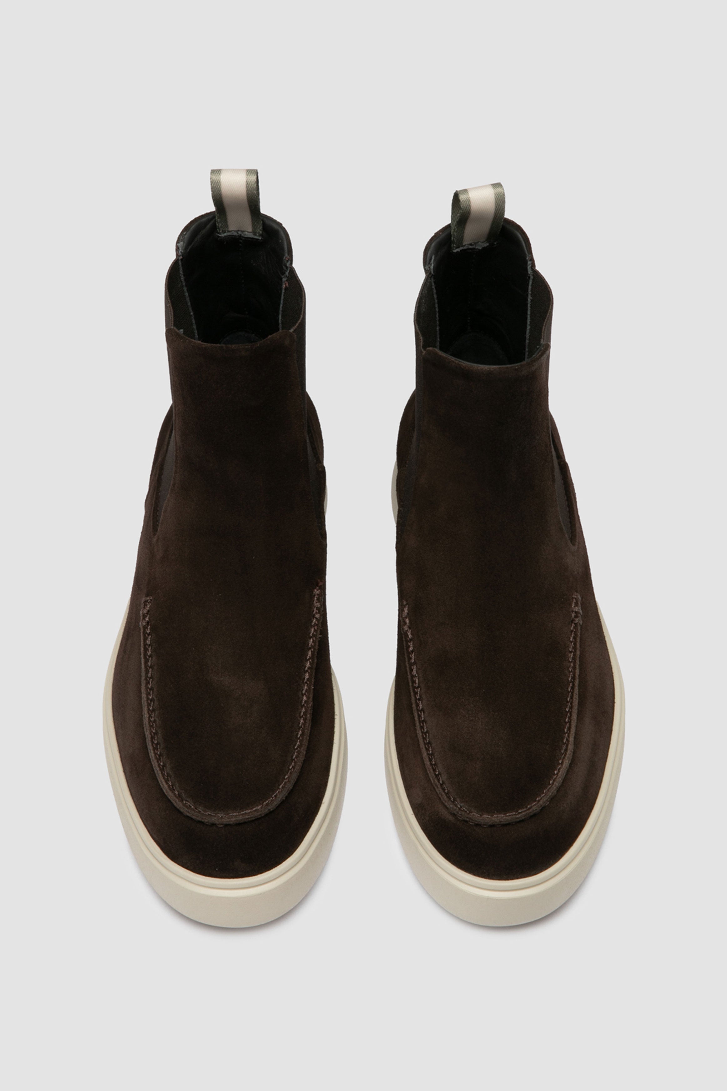 Close-up of Officine Creative Frame 107 suede boots in brown with contemporary chunky silhouette