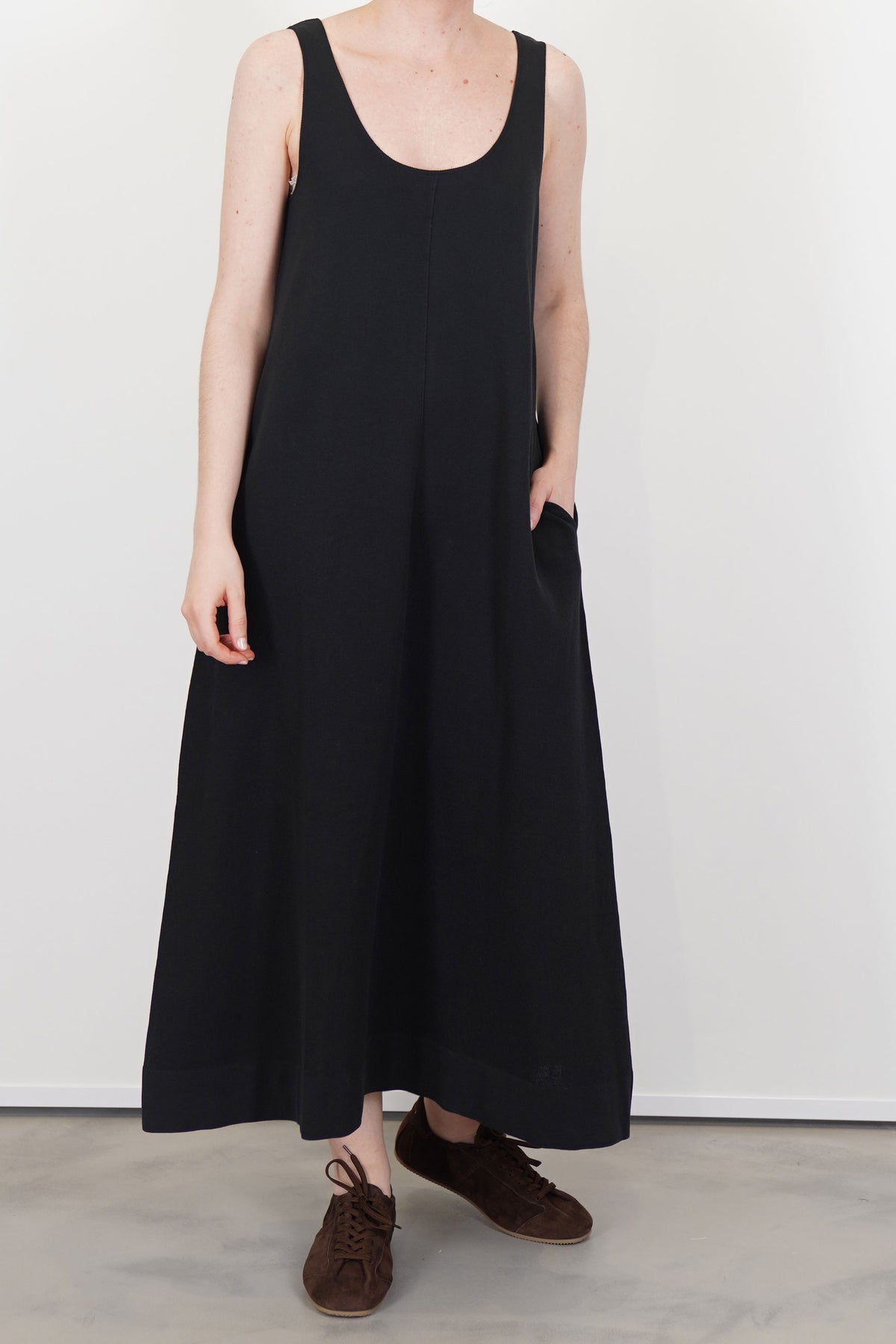 front view of oyuna quiet knitted cotton dress black