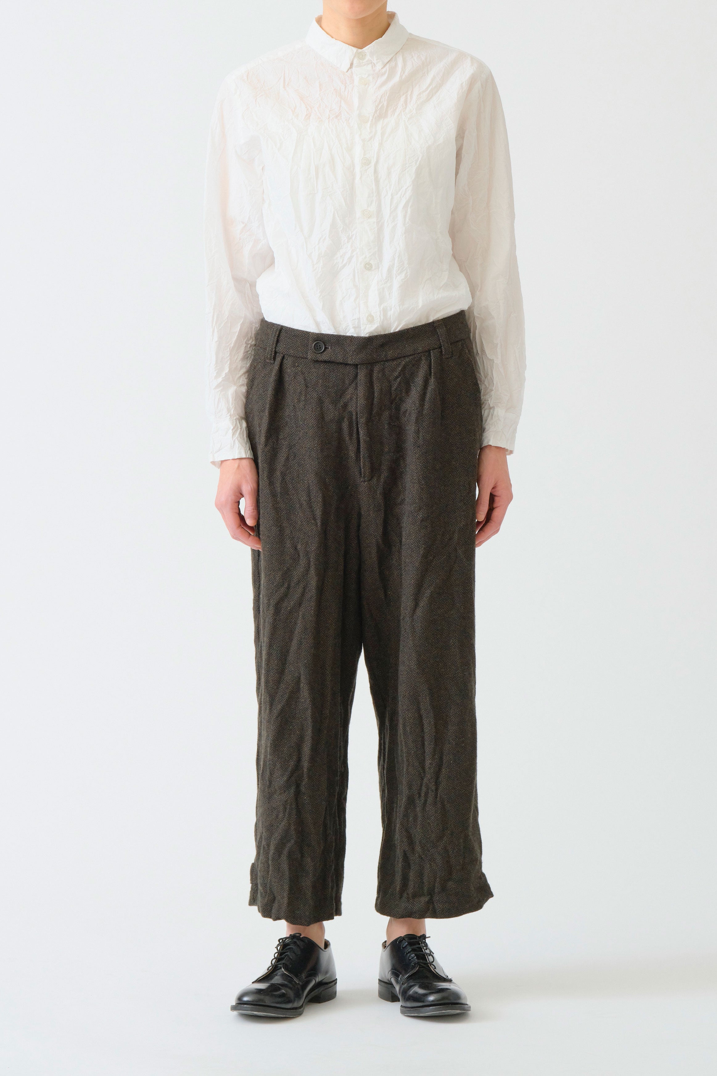pas de calais cotton typewriter blouse white worn with wool eco trousers beige