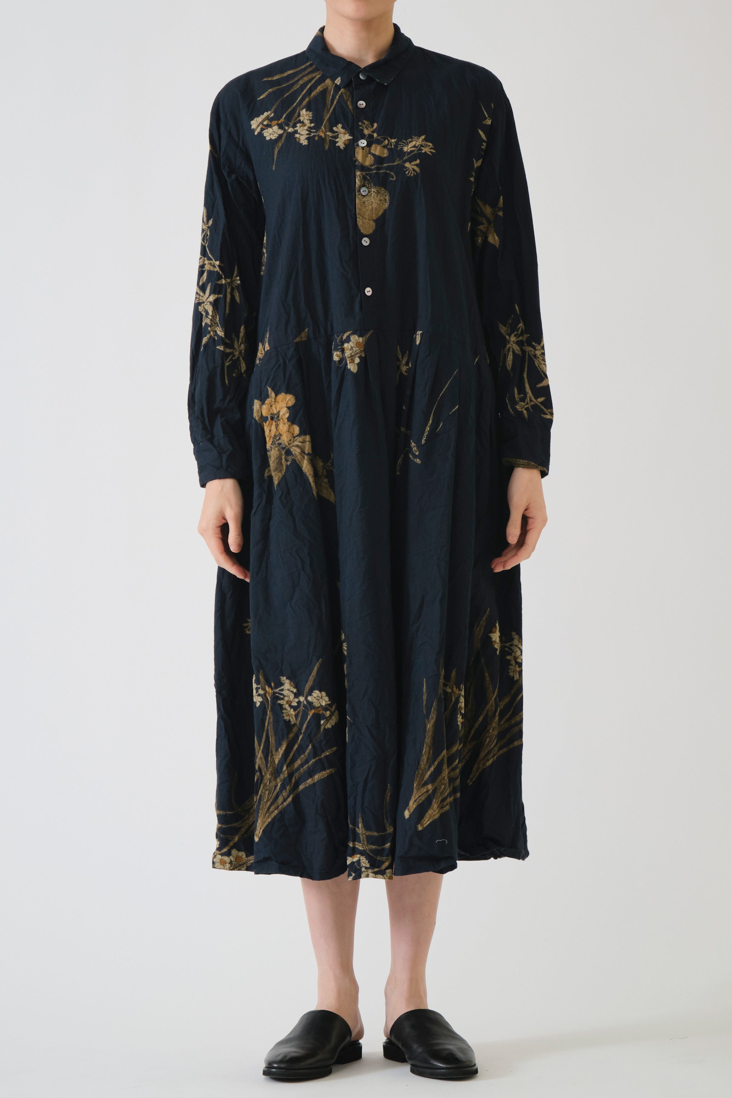 japonism flower print dress navy