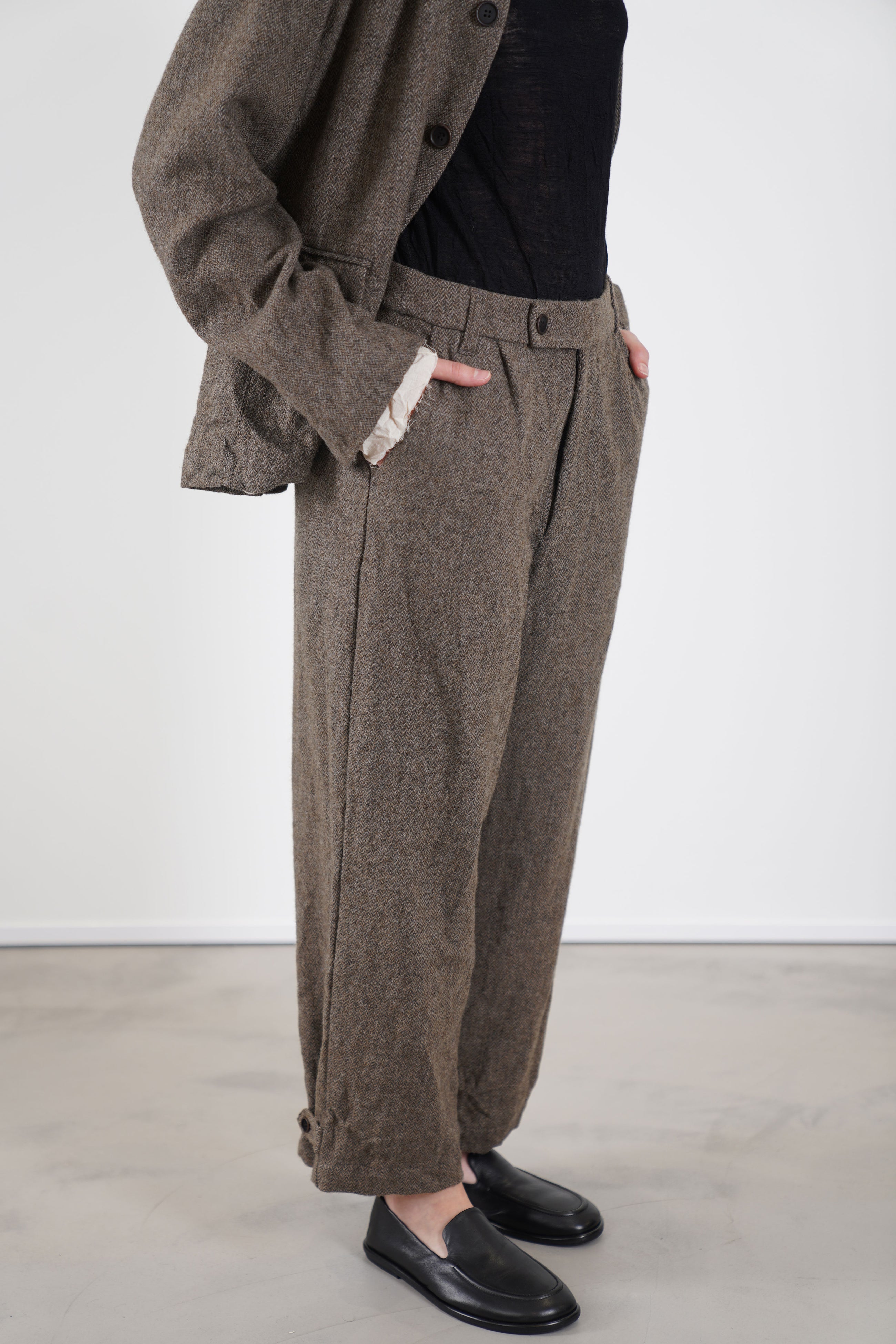 eco wool herringbone wide pants beige
