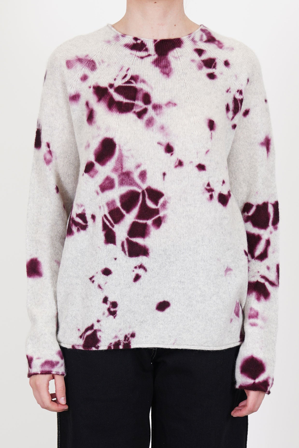 suzusan cashmere seamless pullover long dark purple light grey crafted in ultra soft cashmere material and hand dyed using the madara shibori technique.