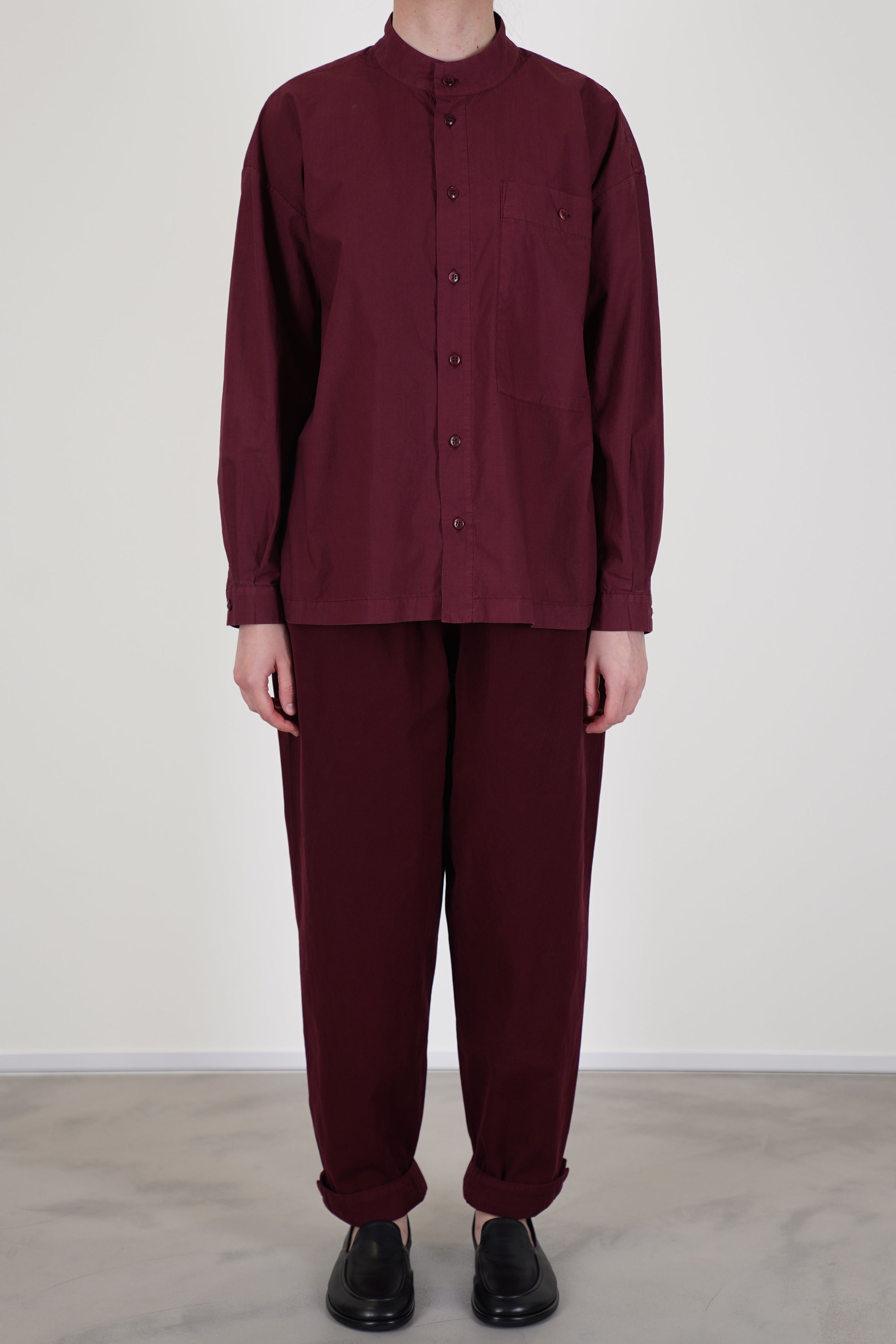 Relaxed Fit Boxy Physician Shirt Port by Toogood – Long Sleeve Poplin Shirt in Port with Yoke Detail and Buttoned Chest Pocket