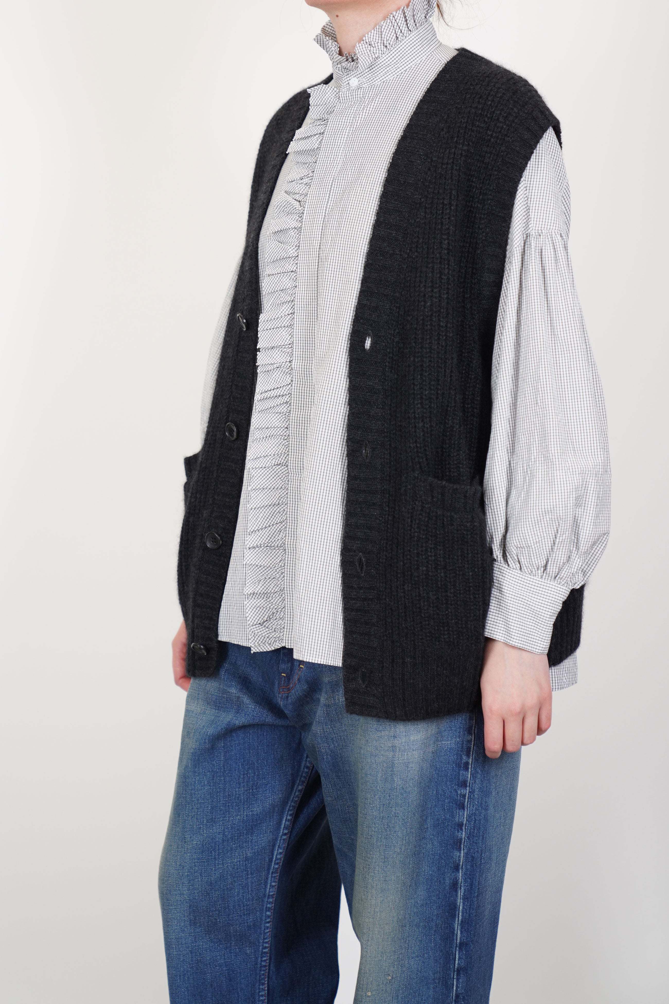 rib stitch cardigan vest cashmere charcoal vm43xk02