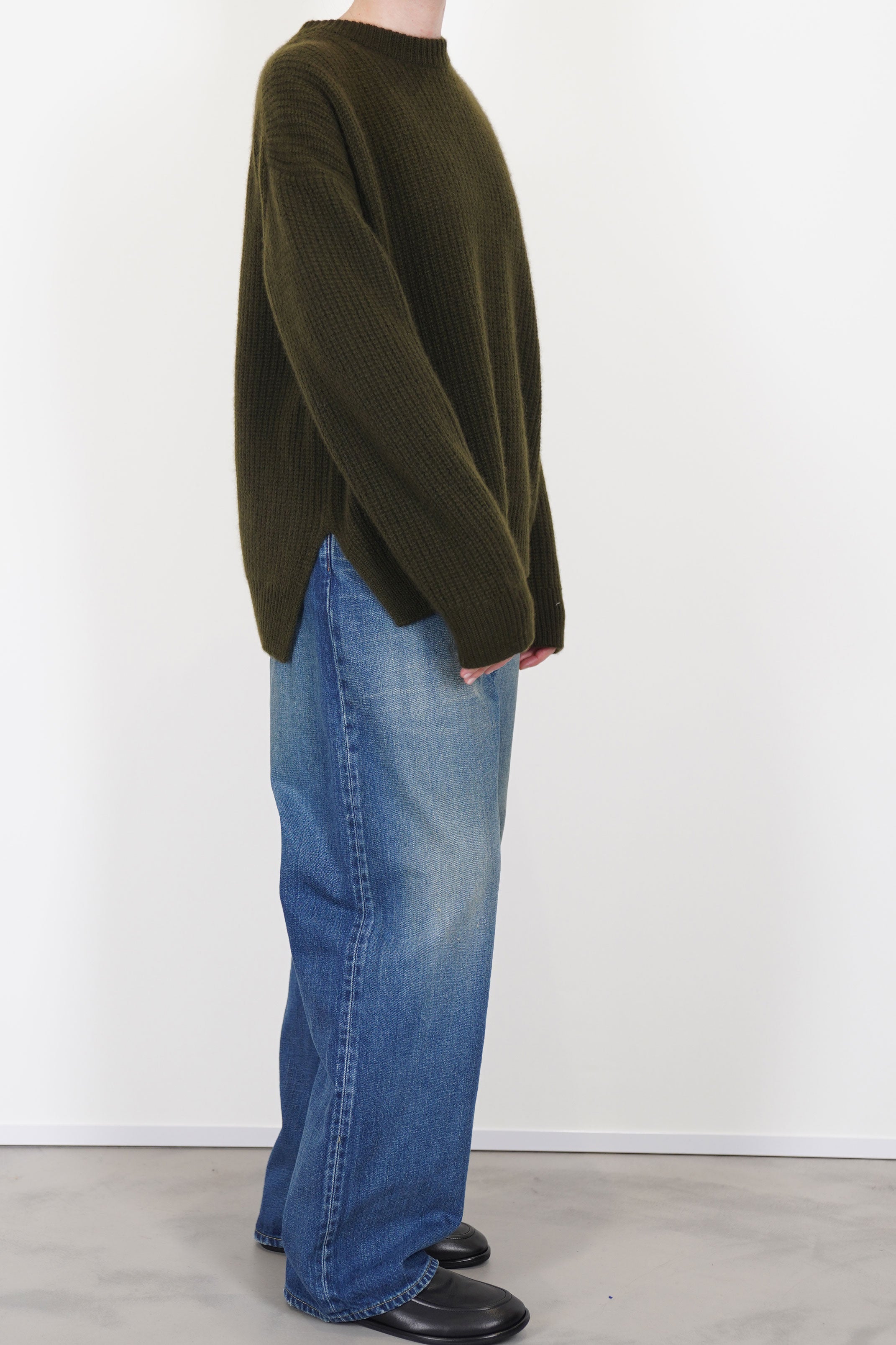 rib stitch big pullover cashmere olive brown vm43xk03