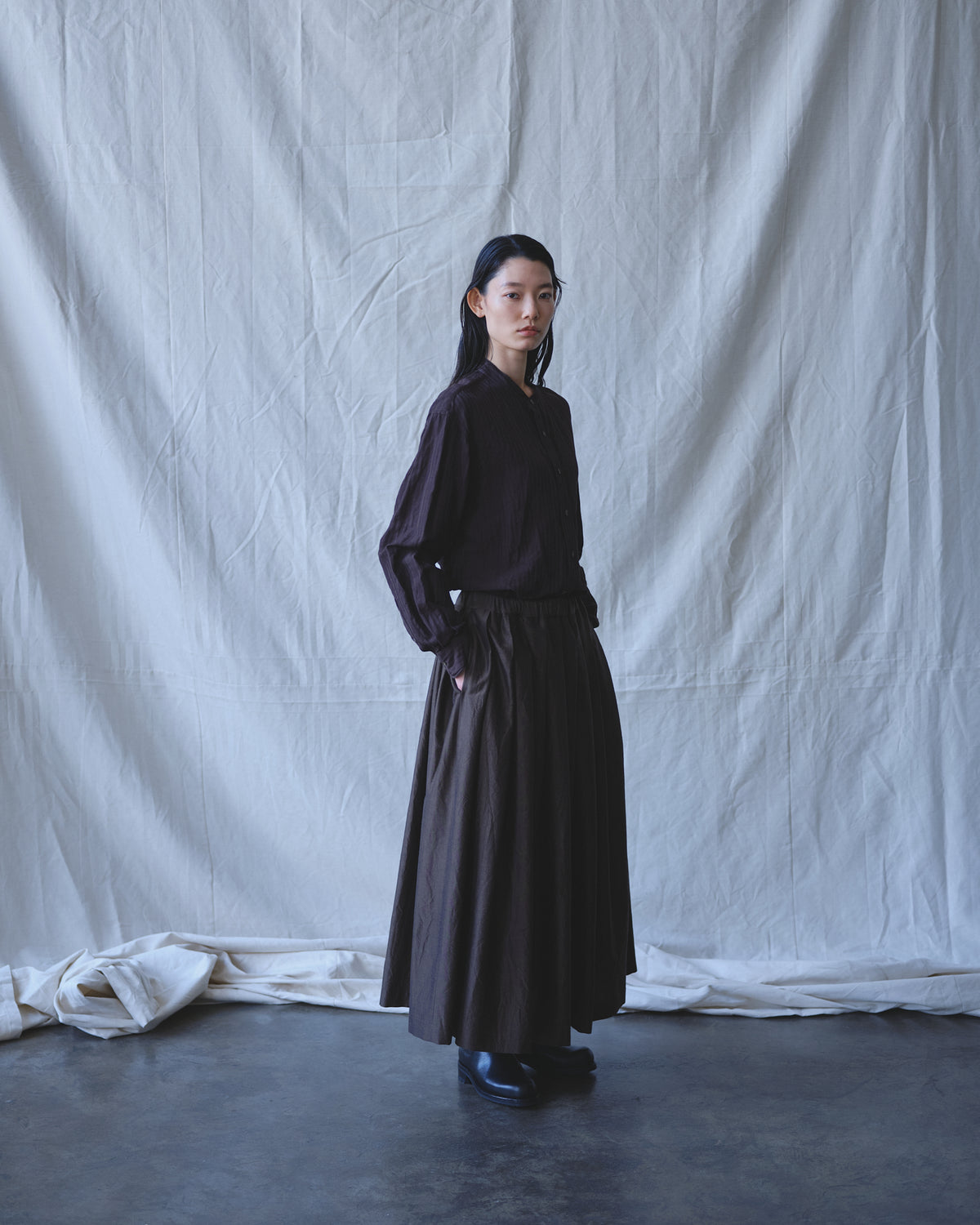 gathered pleated skirt silk wool dark brown