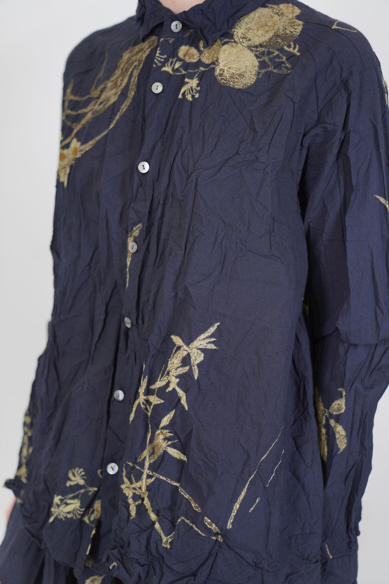 close up of pas de calais japonism flower print shirt navy floral print design