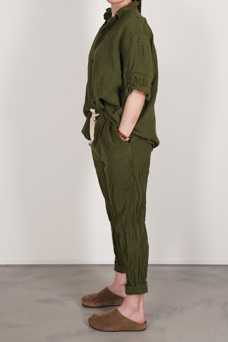 green linen couching trousers