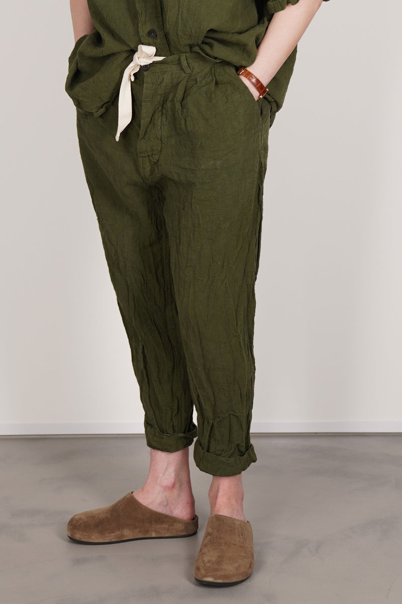 green linen couching trousers