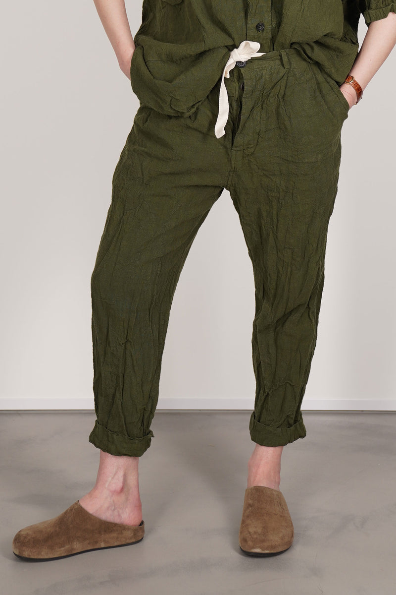 green linen couching trousers