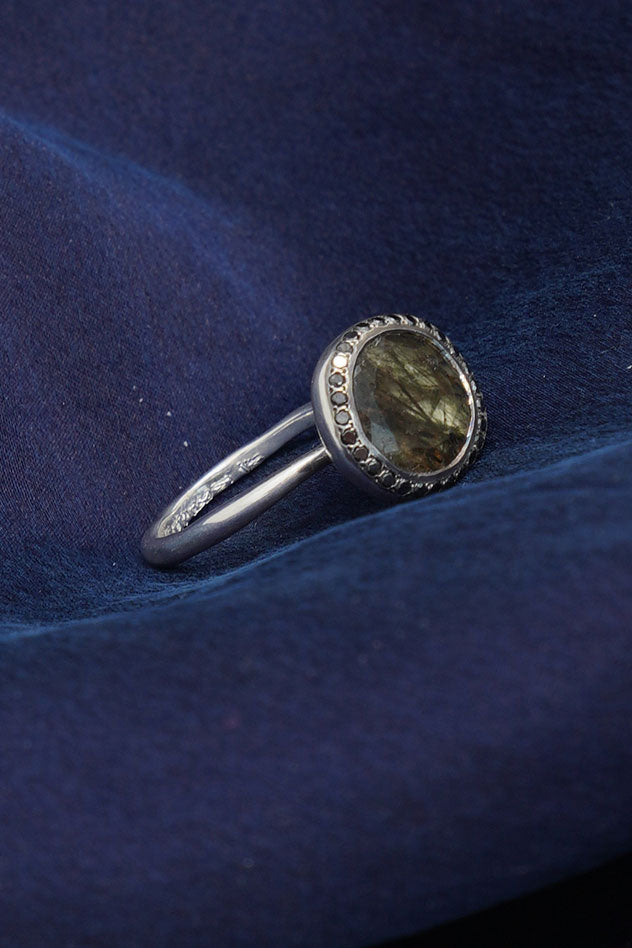 begum ring silver black diamonds green rutilated quartz